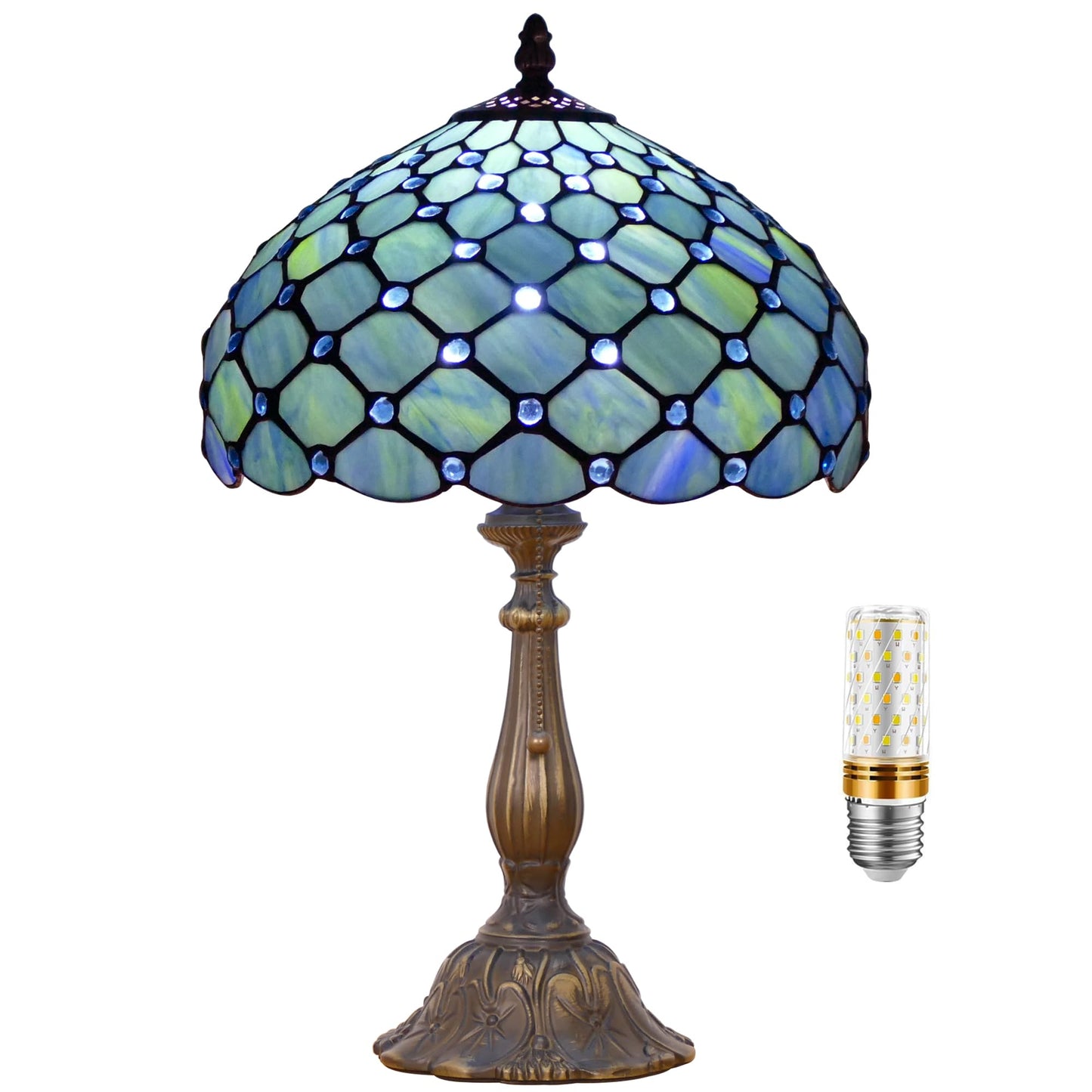 WFAYNTIFL Tiffany Table Lamp Stained Glass Sea Blue Pearl Style W12H19 Inch