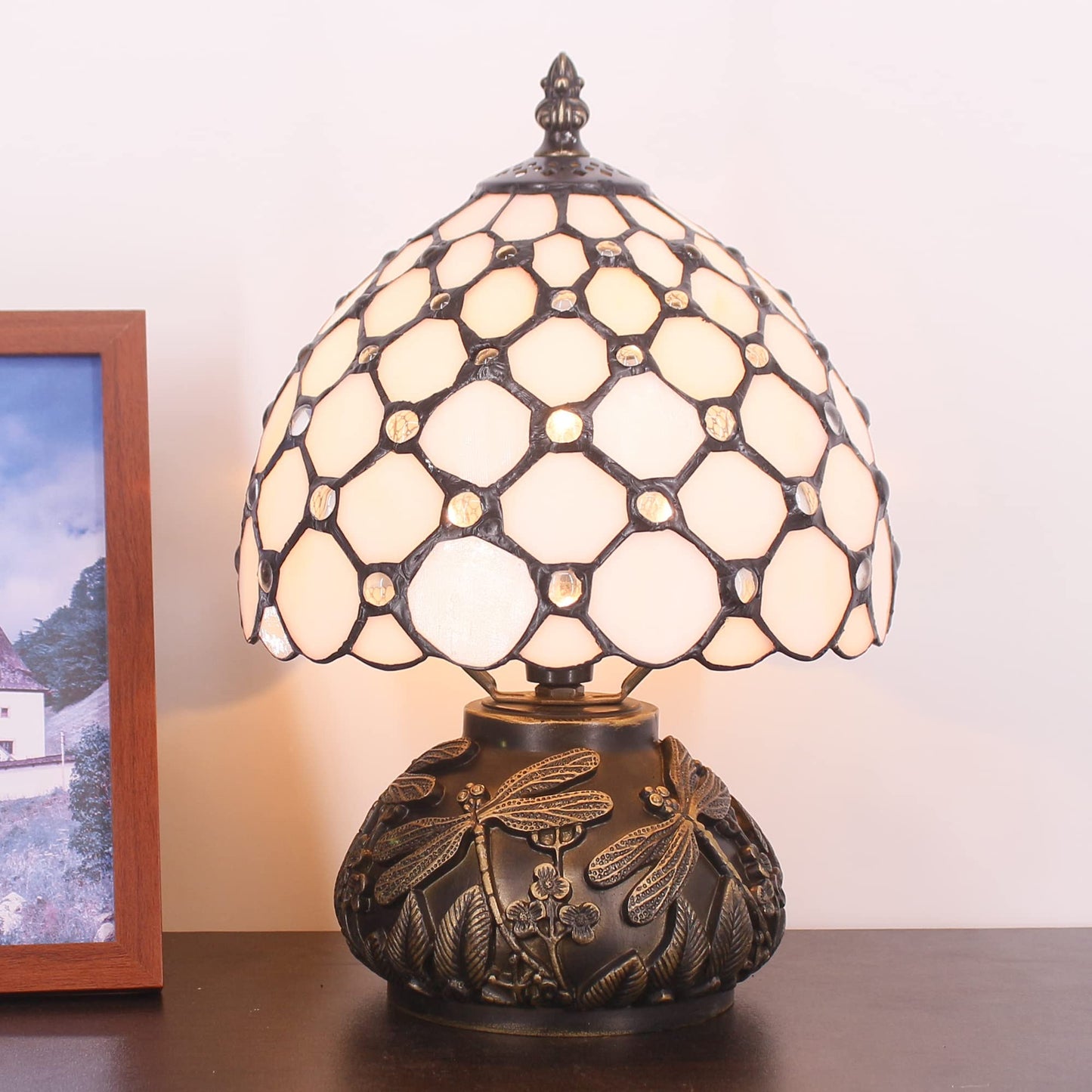 SYETL Small Tiffany Lamp Mini Stained Glass Table Lamp Cream Pearl Beads Style Mushroom Desk Light Memory Sympathy Lamp 8X11 Inch