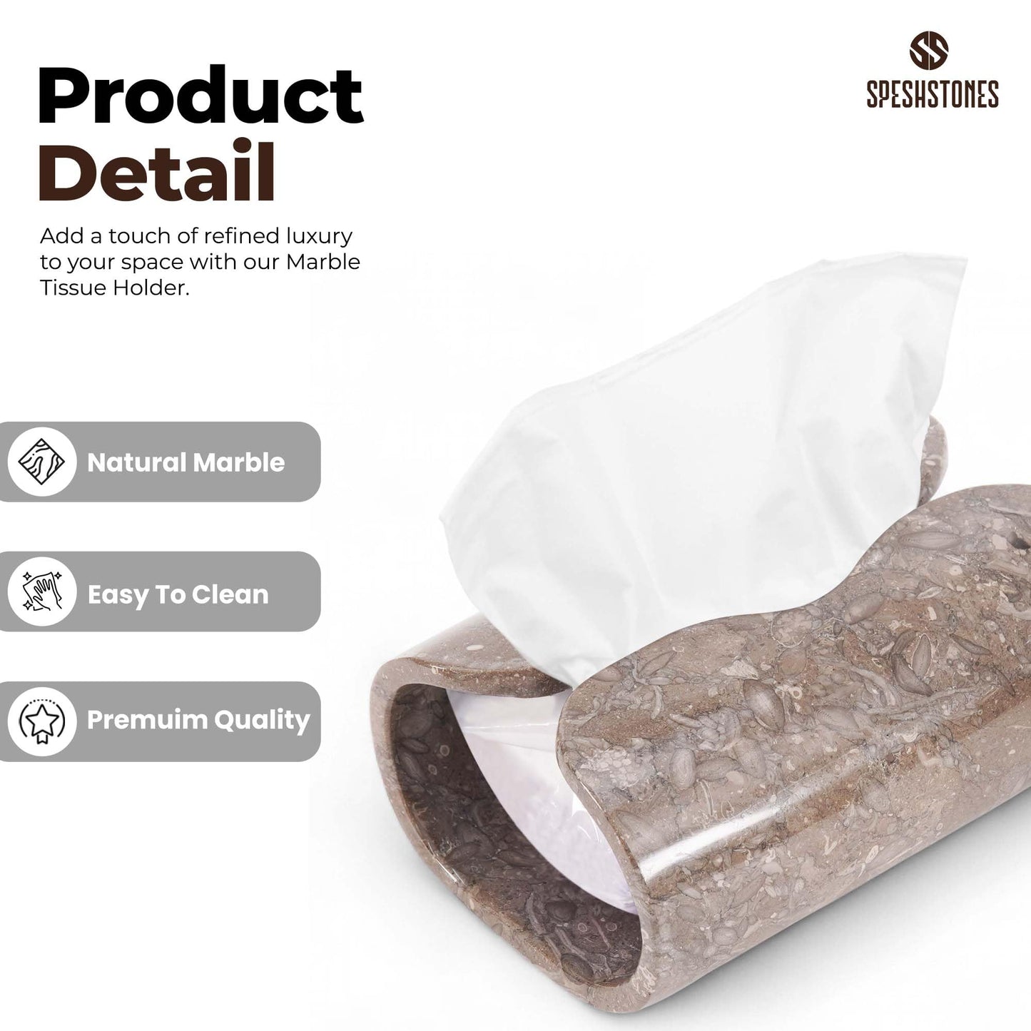 SPESHSTONES Marble Tissue Box Holder 7.5 Inch Handmade Tissue Box Cover Rectangle for Modern Bathroom Decor & Home Organizer - Decorative Facial Tissues Boxes Holder for Bedroom & Living Room