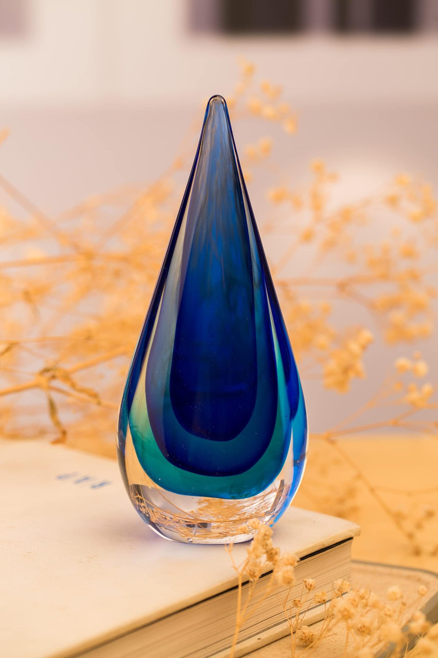 Yao Yuan Glass Sculpture Hand-Blown Murano-Style Glass Statue and Figurine, Blue Teardrop Decor