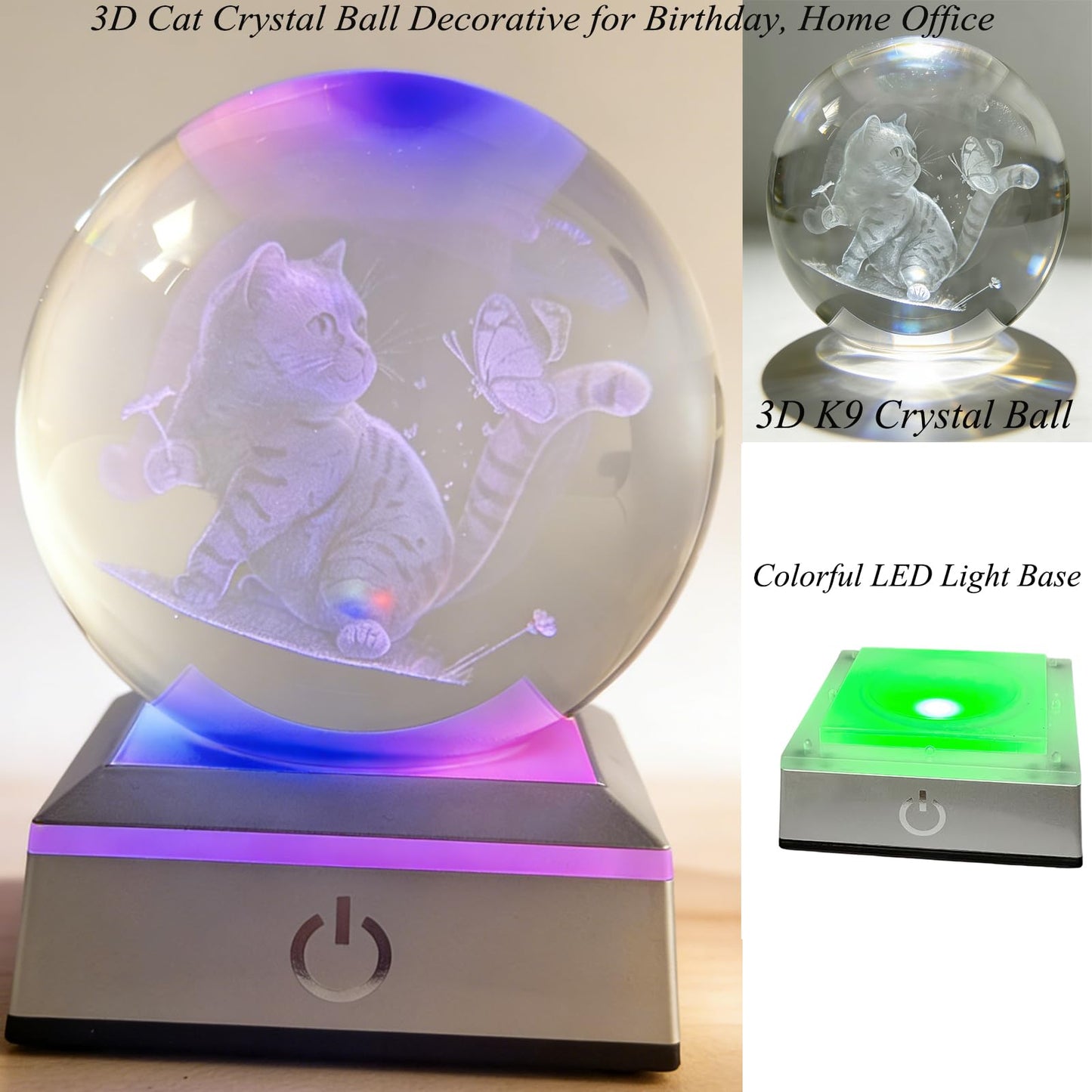 3.15in Cat and Butterfly Crystal Ball Color Changing LED Night Light Base