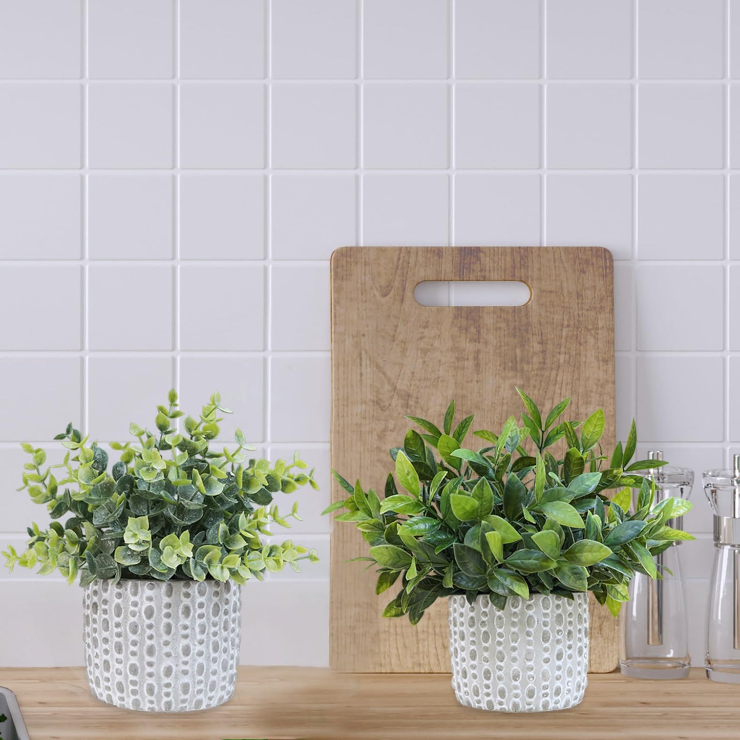 Winlyn 3 Pcs Artificial Potted Plants - Faux Eucalyptus, Boxwood, Rosemary, Greenery in Small Concrete Pots -Desk, Table, Shelf, Windowsill Decor for Indoor Outdoor Home Office