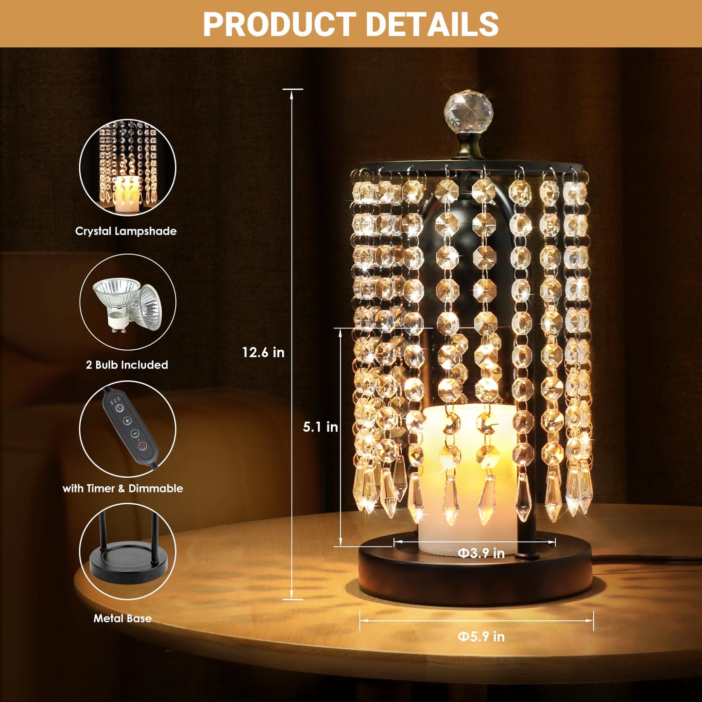 KunruiTAI Candle Warmer Lamp with Timer and Dimmer - Electric Candle Warmer,Crystal Candle Lamp for Bedroom Decor, Flameless Scented Candle Light Warmer,House Warming Gifts New Home for Women