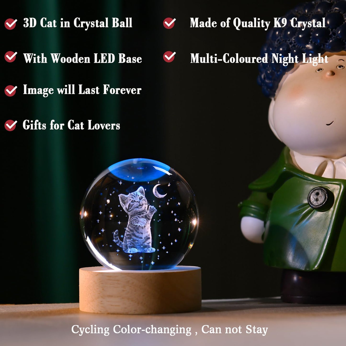 IFOLAINA Cat Lovers Gifts for Women 2.36" Crystal Ball with Wooden Light Base 3D Cat Themed Gifts for Mom Wife Friends Birthaday Mothers Day Crystal Decorative Globe Lamp Decor