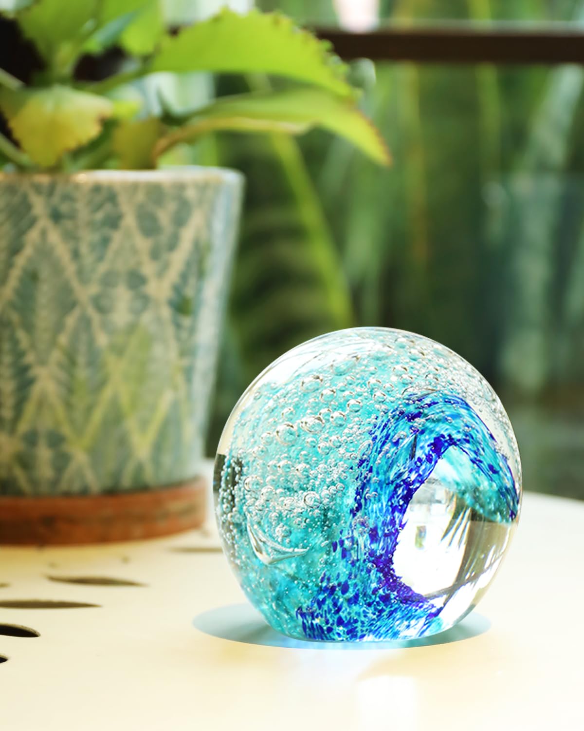 Bdor Hand Blown Glass Sphere Ocean Waves, Blue Paperweight, Decorative Ball, Sea Glass Art, Crystal Collectible, Home & Office Decor, Gift, Mother Day