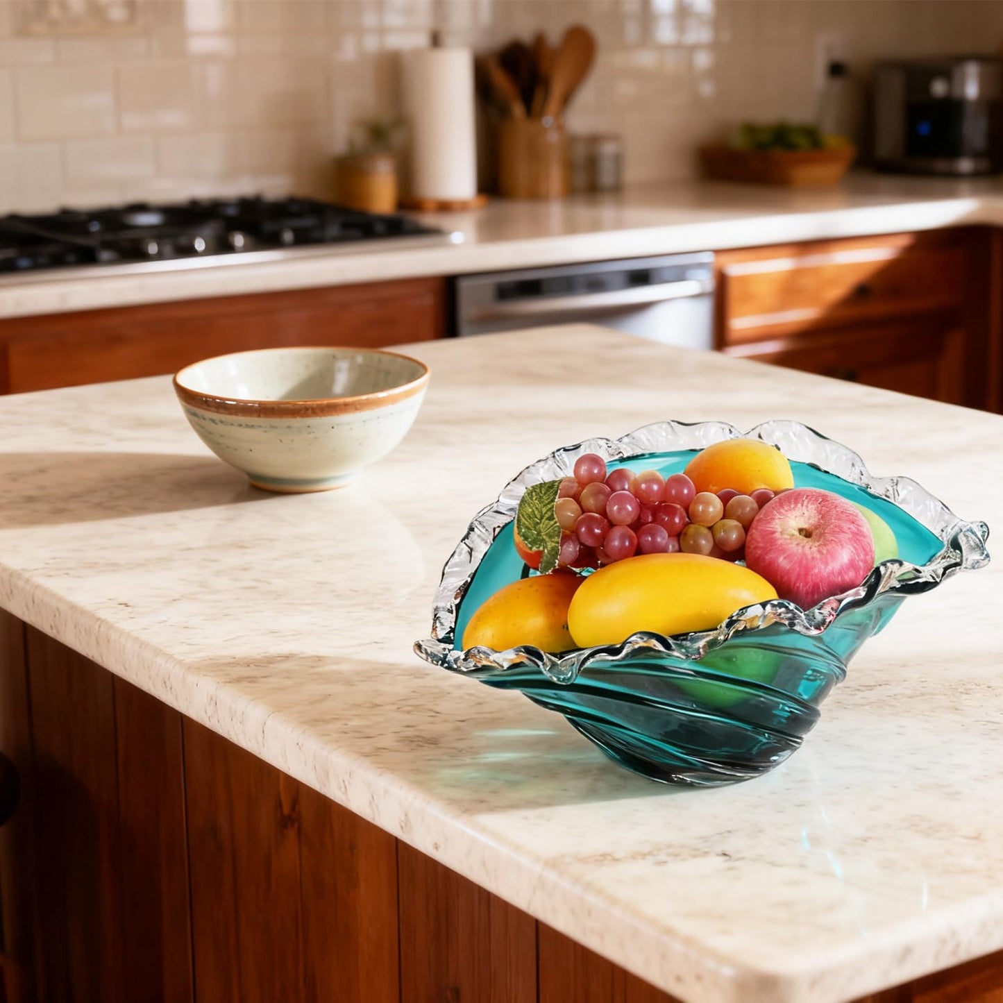 16in Fruit Bowl, Blue Glass Fruit Bowl - Hand-Blown Blown Glass Art Vortex Wave-Shaped Ruffled Rim Large Bowl, Crystal-Like Decorative Bowl for Home Decor, Centerpiece Bowl & Housewarming Gift
