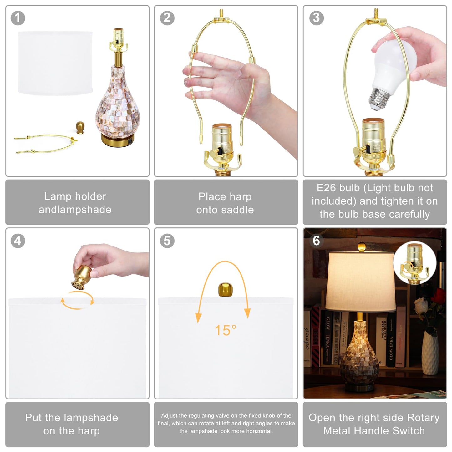 TPAMSWO Modern Coastal Table Lamps Set of 2, Natural Mother of Pearl Tiles 23.5" Bedside Lamp, for Bedroom Living Room Home Nightstand Table Lamp(with USB C+A 5V 2.1A Charging Ports)