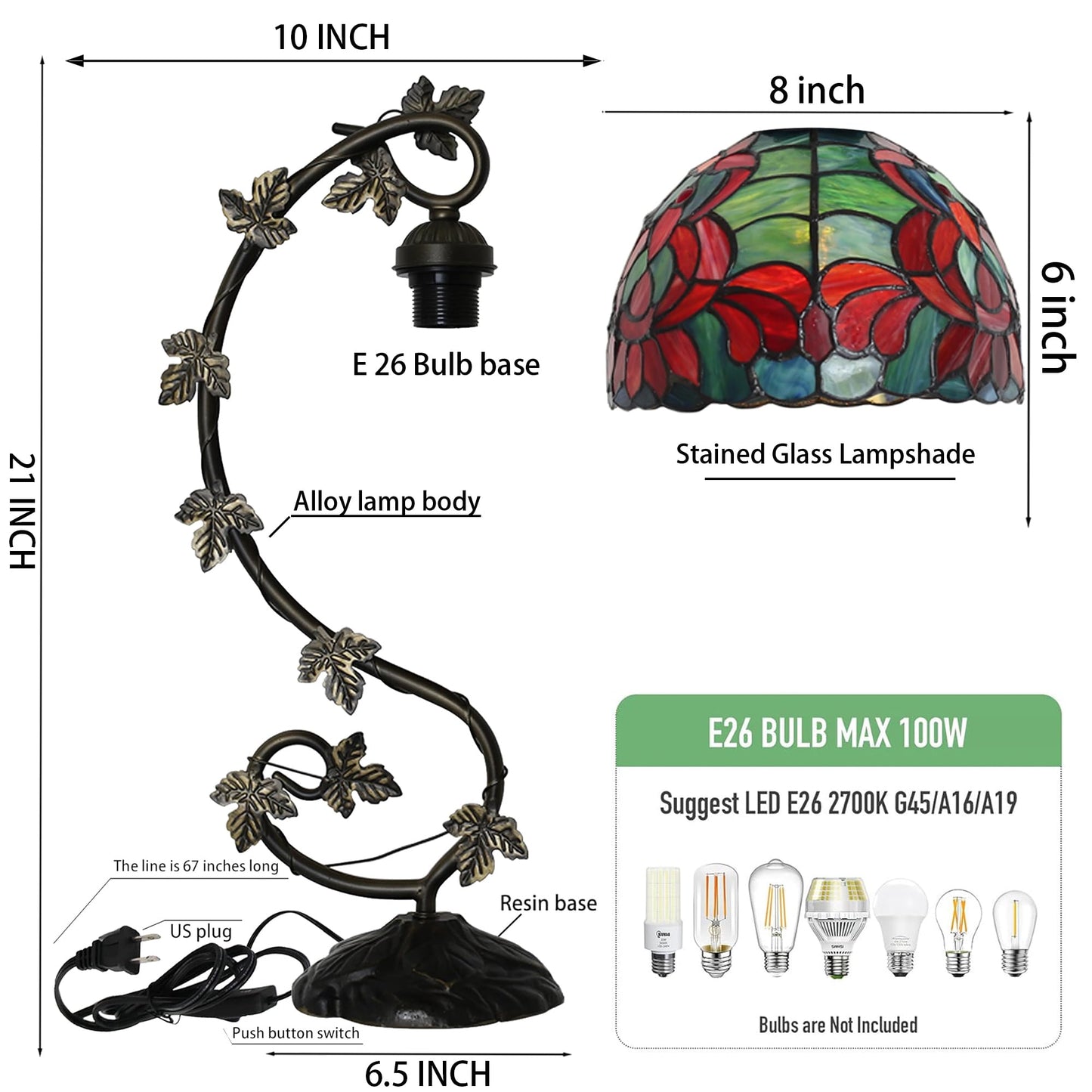 ZYLINX Small Tiffany Lamp Stained Glass Desk Reading Light Red Lotus Style