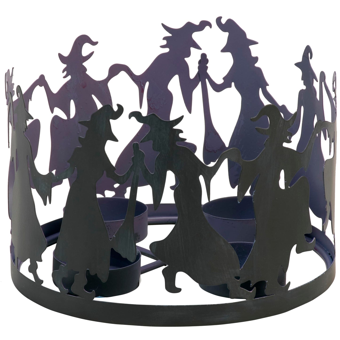 Primitives by Kathy Decorative Candle Holder, from Our Halloween Collection with Dimensional Design of Witch Shaped Metal Cutouts Surrounding 4 Metal Candle Holders, illuminates Dancing Witch Design