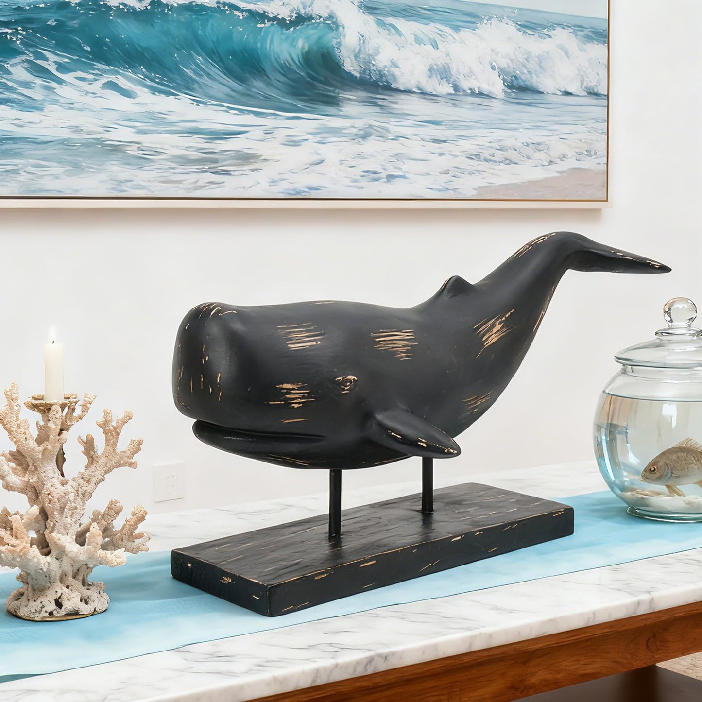 Guichifun Whale Statue Home Decor Accents - Resin Black Distressed Finish Farmhouse Ocean Whale Figurine Desk Decor for Living Room Office Shelf Marine Themed Decorations Gift 16.5 x 7.2 x 8.6 Inch