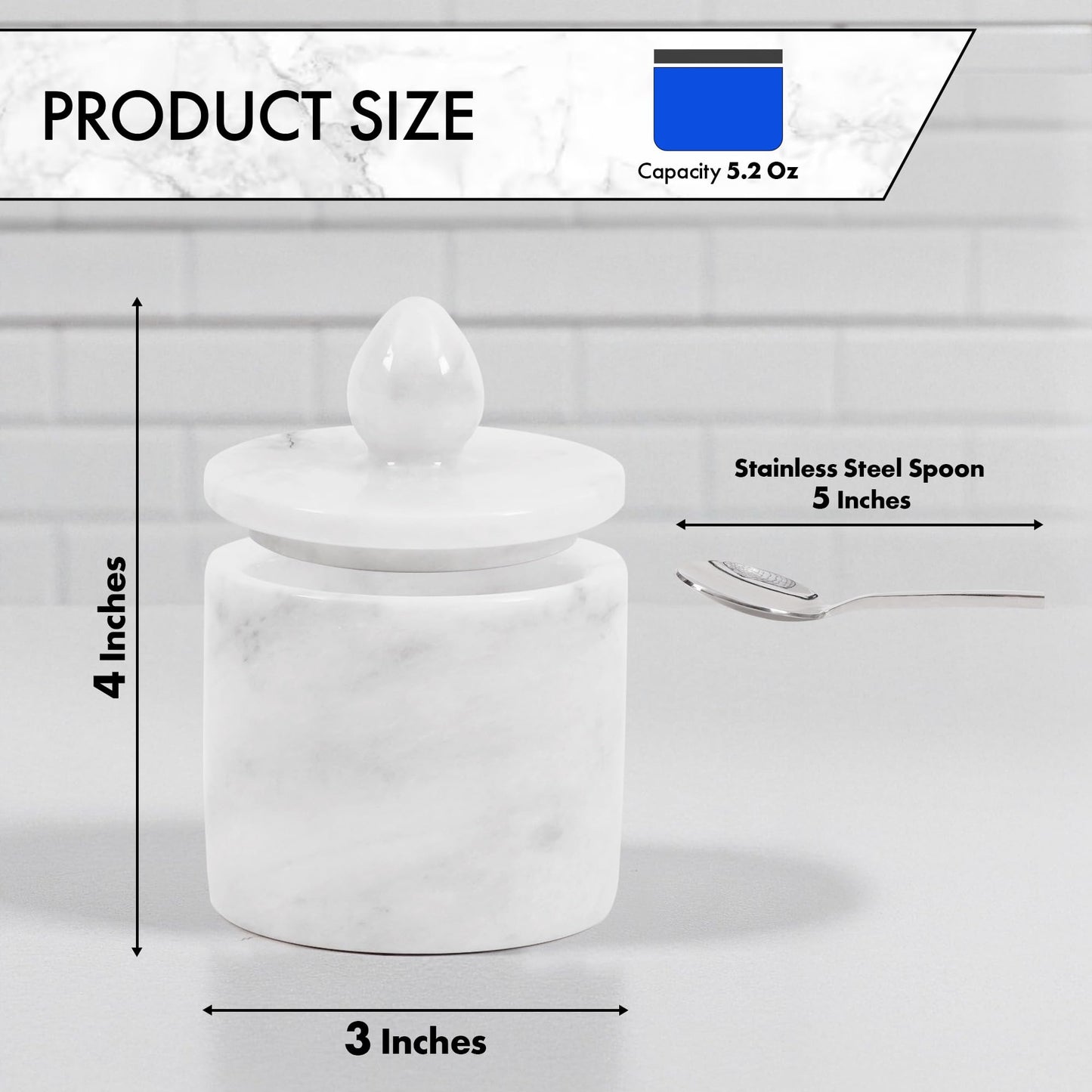 Marble Salt Cellar with Lid – White 4 Inch Table Salt Container, Salt Jar, Salt Dish, Salt Holder, Spice Jar, Sugar Bowl, Seasoning Container, Salt Dispenser for Kitchen Countertop
