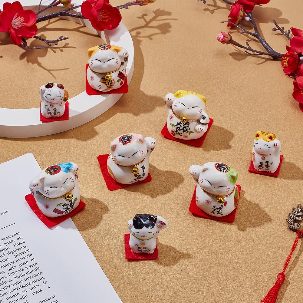 PLIGREAT 8 Pcs Mini Japanese Maneki Neko, Lucky Fortune Cat with Waving Arm Miniature Ceramic Statue Small Cats Desk Ornament Good Luck Fortune Decor for Home Desktop Office Gift