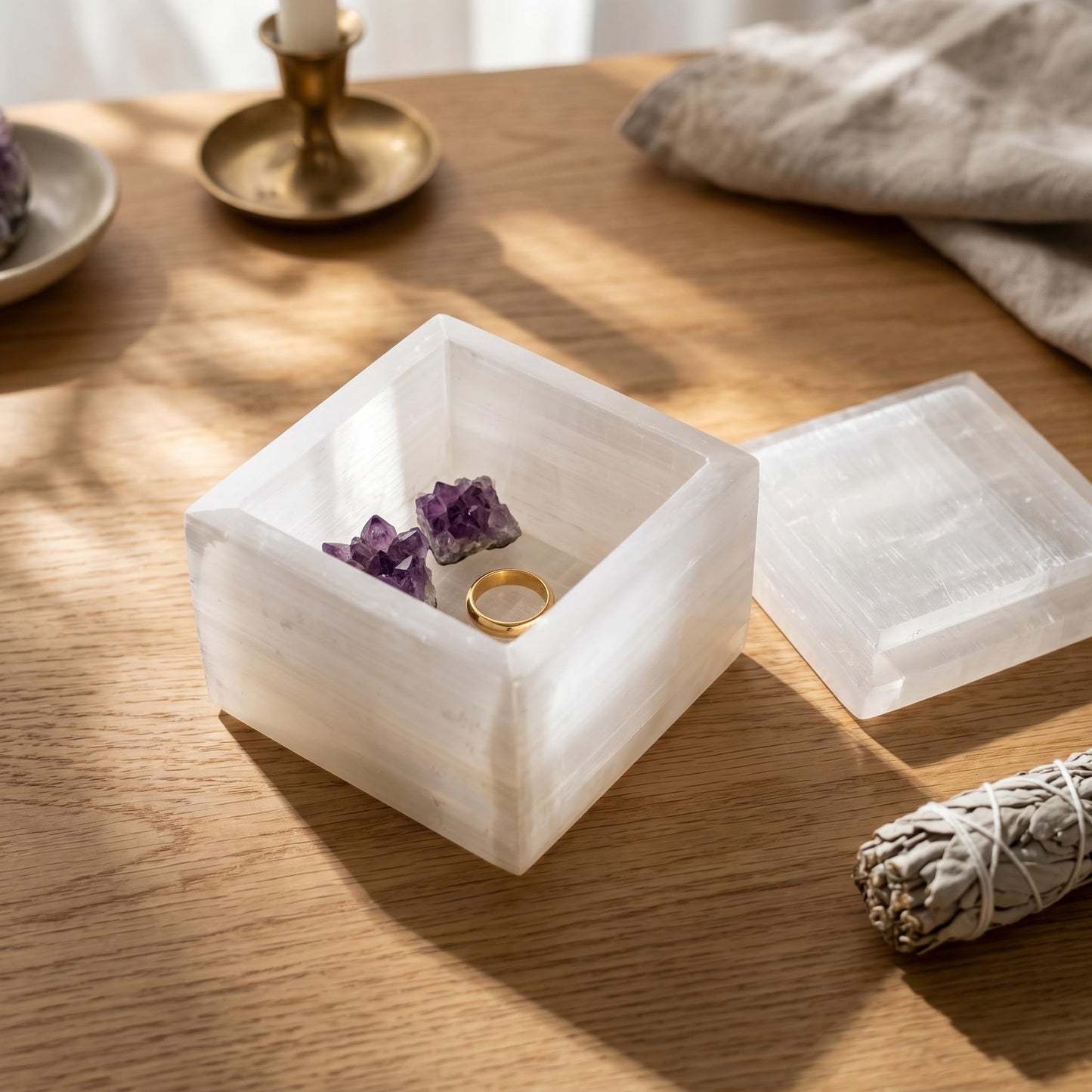 Real Natural Selenite Crystal Box Artisan-Crafted 4-Inch Stone Holder Geode Bowl with Lid Elegant Showpiece for Energy Cleansing, Display & Storage of Healing Stones, Jewelry & Meditation Tools