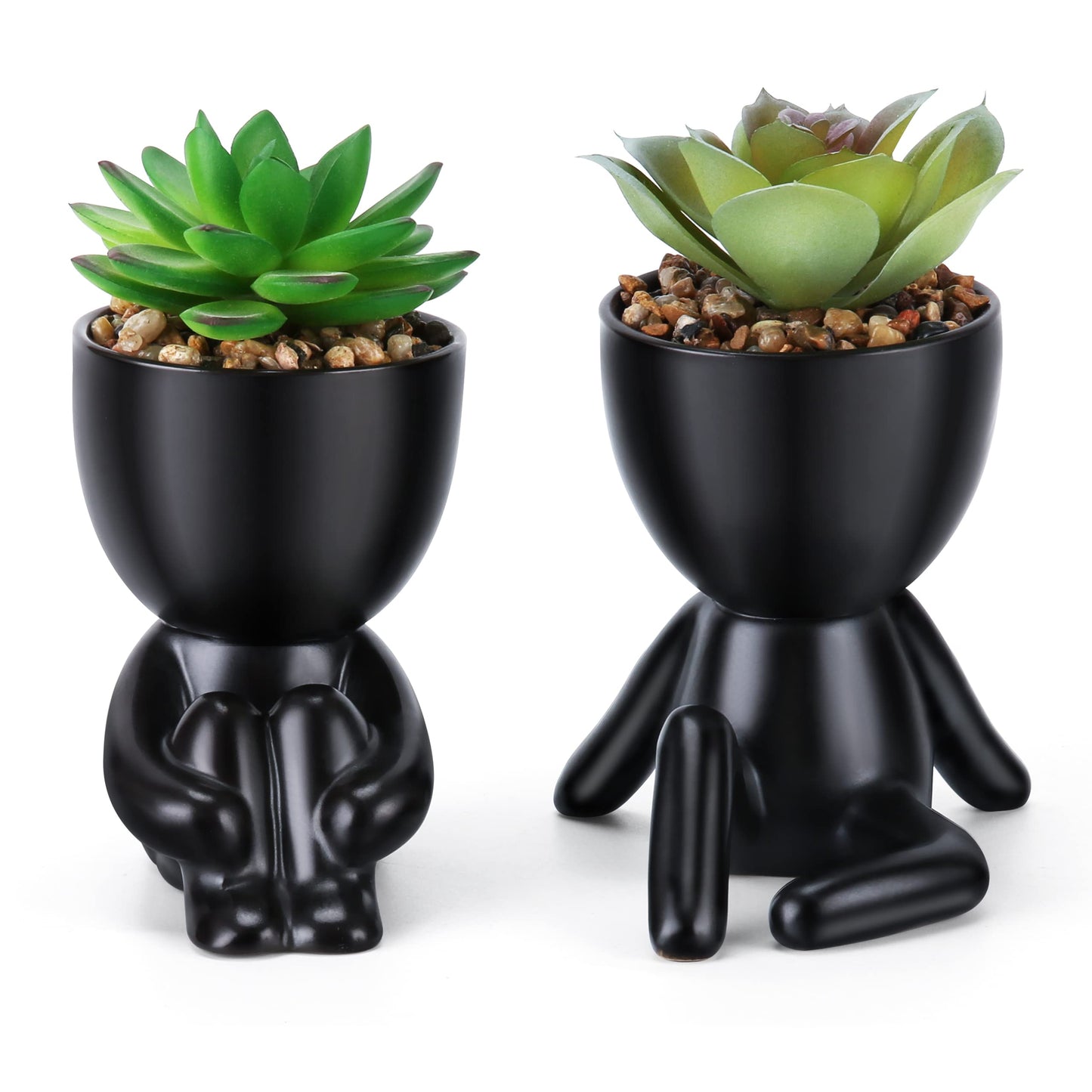 WOODWORD Fake Succulent, Mini Succulents Plants Artificial in Black Modern Human Shaped Ceramic Pots Desk Decor Desk Plant for Office Decor for Women, Cute Fake Plants Bathroom Decor 2PCS