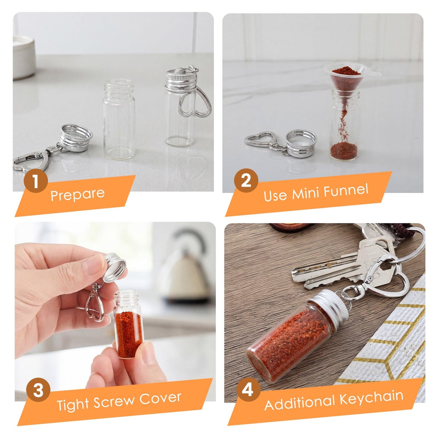 CQDAXUMY 6 Pcs Travel Salt Shaker, Mini Salt Keychain Bottle with Mini Funnel, Portable Clear Glass Spice Jar, Small Key Chain Travel Salt and Pepper Shakers for Camping, Office, Outdoor