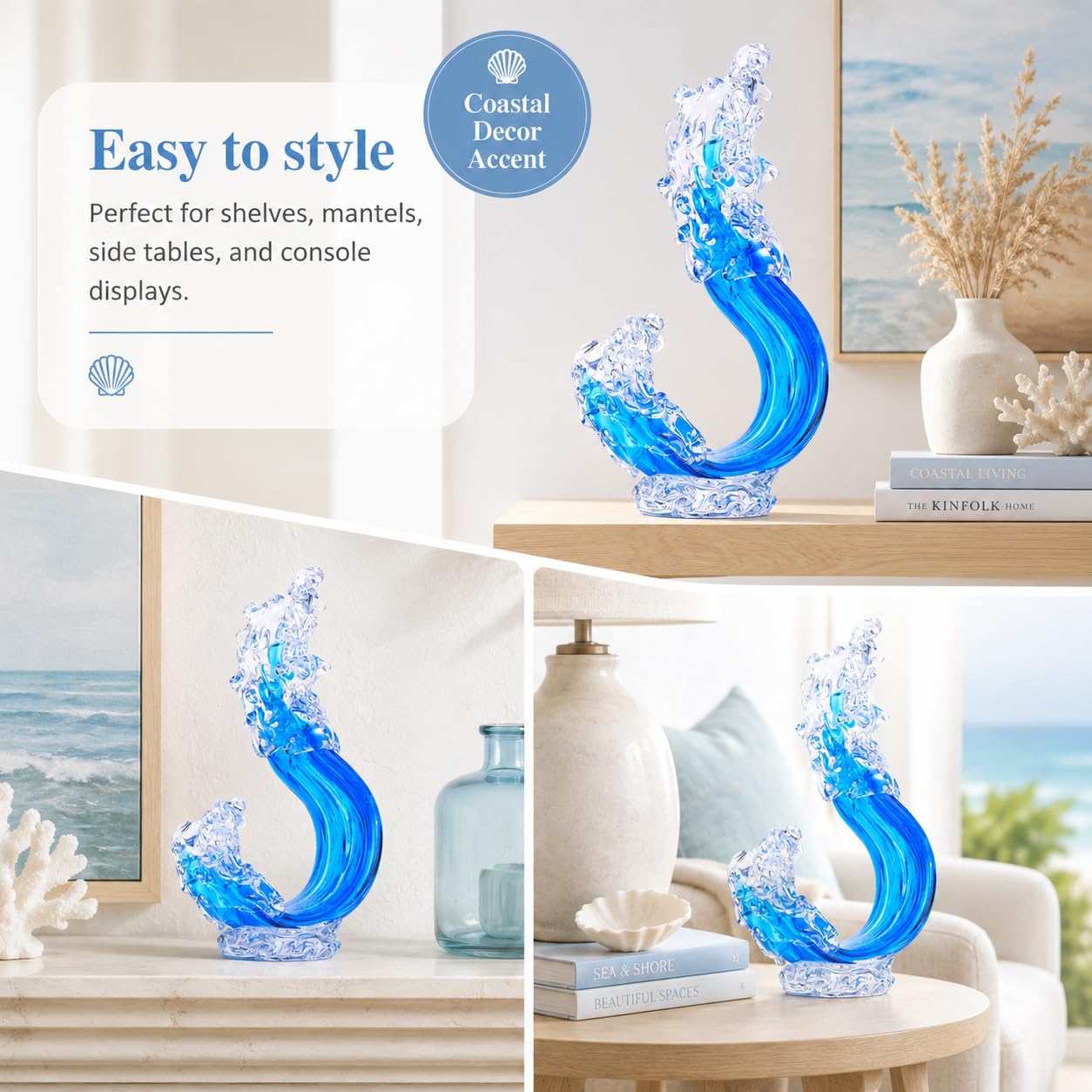 Blue Hand Blown Glass Ocean Wave Statue,Fused Sea Glass Art Decor,Abstract Wave Sculpture Ornament,Coastal Nautical Themed,Beach House Decor,Coffee Table,TV Stand,Bookshelf,Entryway,Office,Counter
