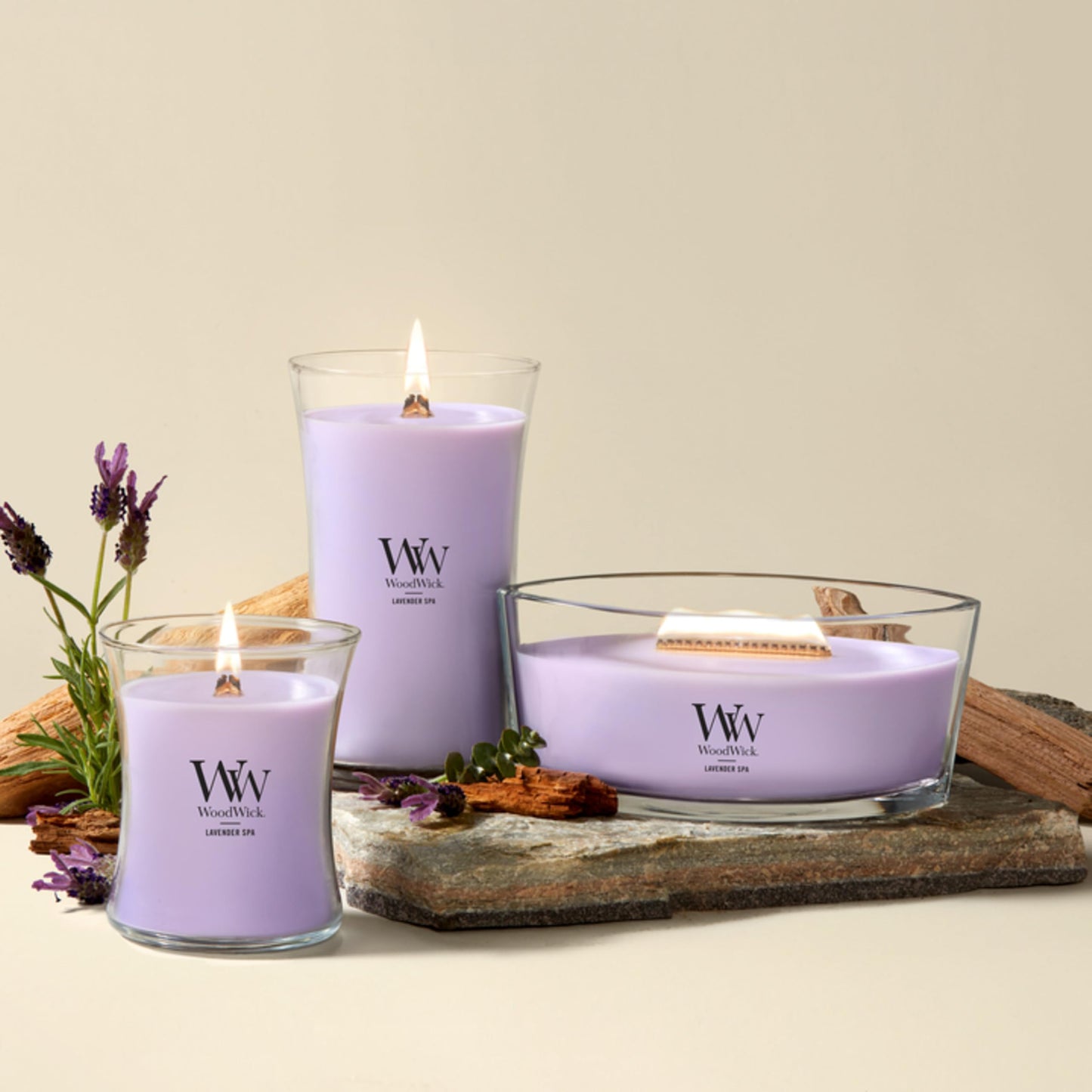 WoodWick Lavender Spa Gifts for Women and Men, 21.5 oz Large Hourglass Candle with Crackling Wick