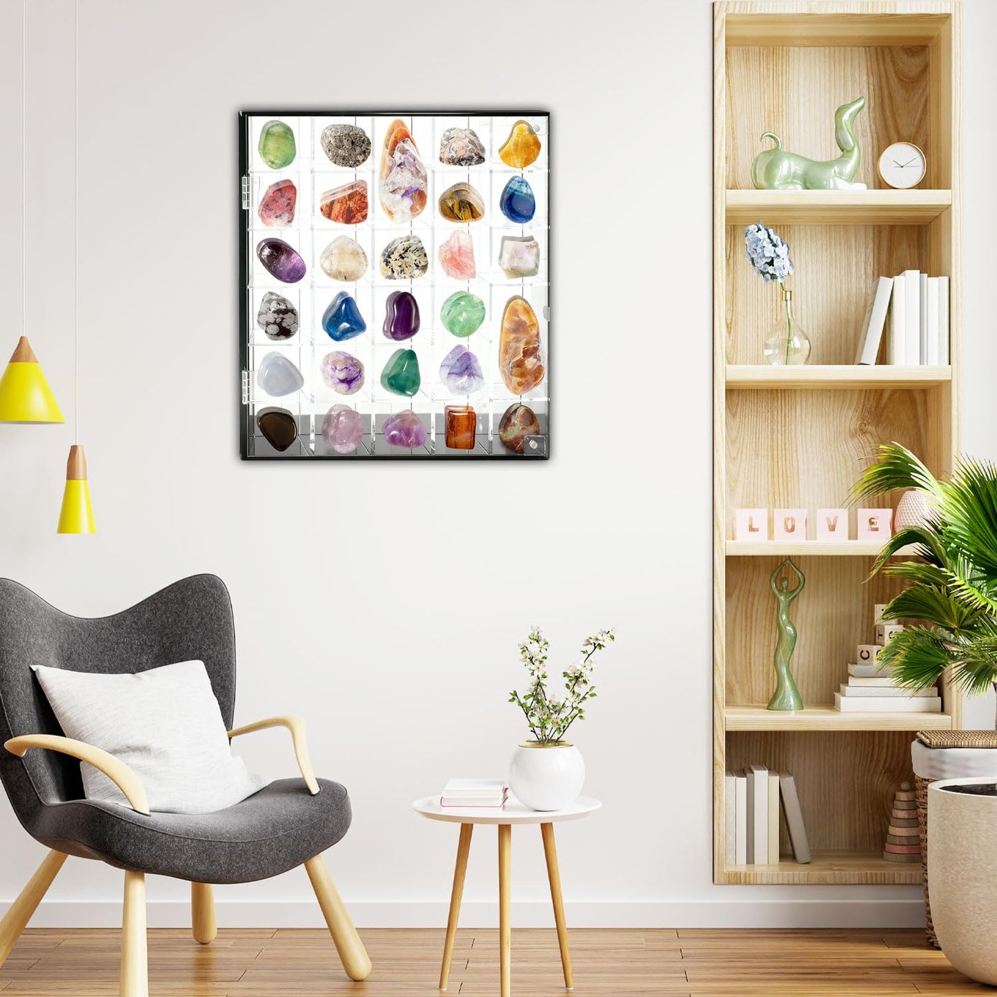 Adjustable Display Case Rock Acrylic Box with Mirror Back,Wall Mountable,30 Grid Crystal Collection Shelf Storage for Minerals,Gems,Jewelry,Wall Crusher Stone Clear Shadow Cabinet Cases Collectibles