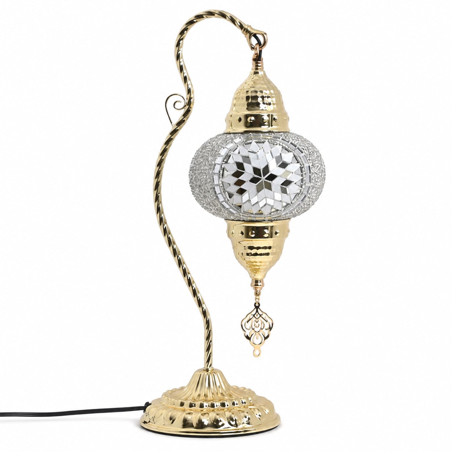 GOGERS Turkish Mosaic Table Lamp, Moroccan Style Swan Neck Bedside Lamp with Handmade Glass Shade, LED Bulb Included, Warm Ambient Decorative Accent Lamp for Bedroom, Living Room, Nightstand (White)