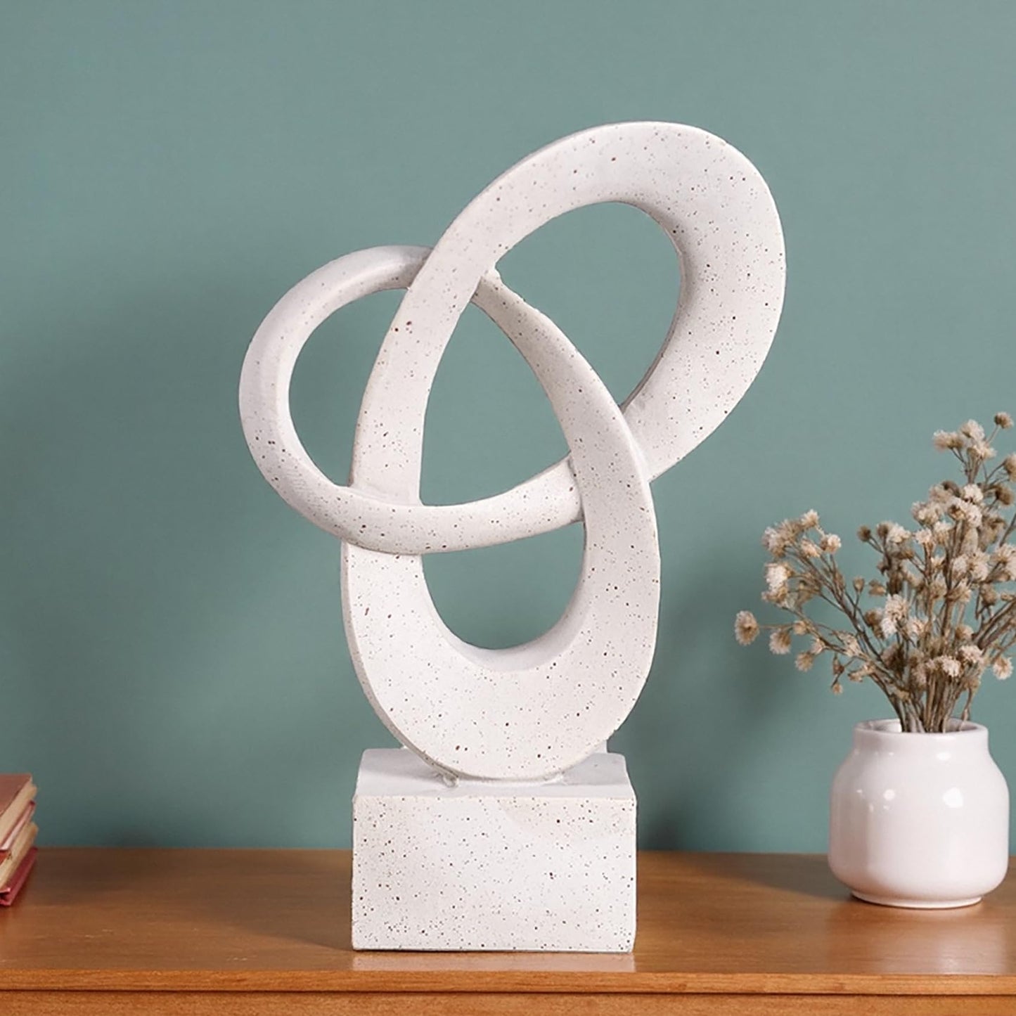 WeiRanHuiWu Abstract Interlocking Rings Sculpture, White Speckled Resin, 9.45in Tall, Modern Decor on Square Base