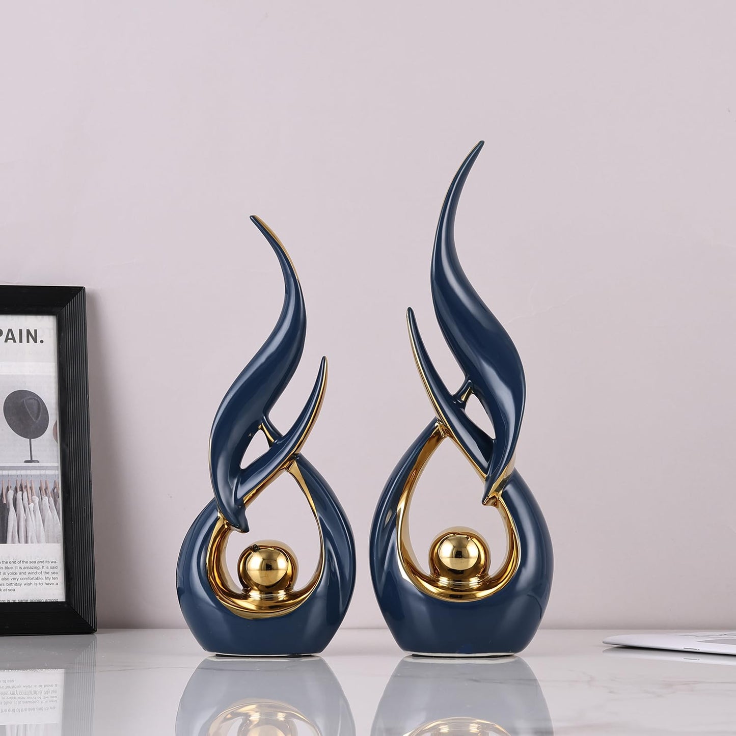 2 PCS Blue Gold Ceramic Statues For Home Decor Accents, Modern Abstract Art Sculptures, Elegant Tabletop Decorative Objects For Dining Room, Entryway, Tv Stand, Mantel, Coffee Table Centerpieces