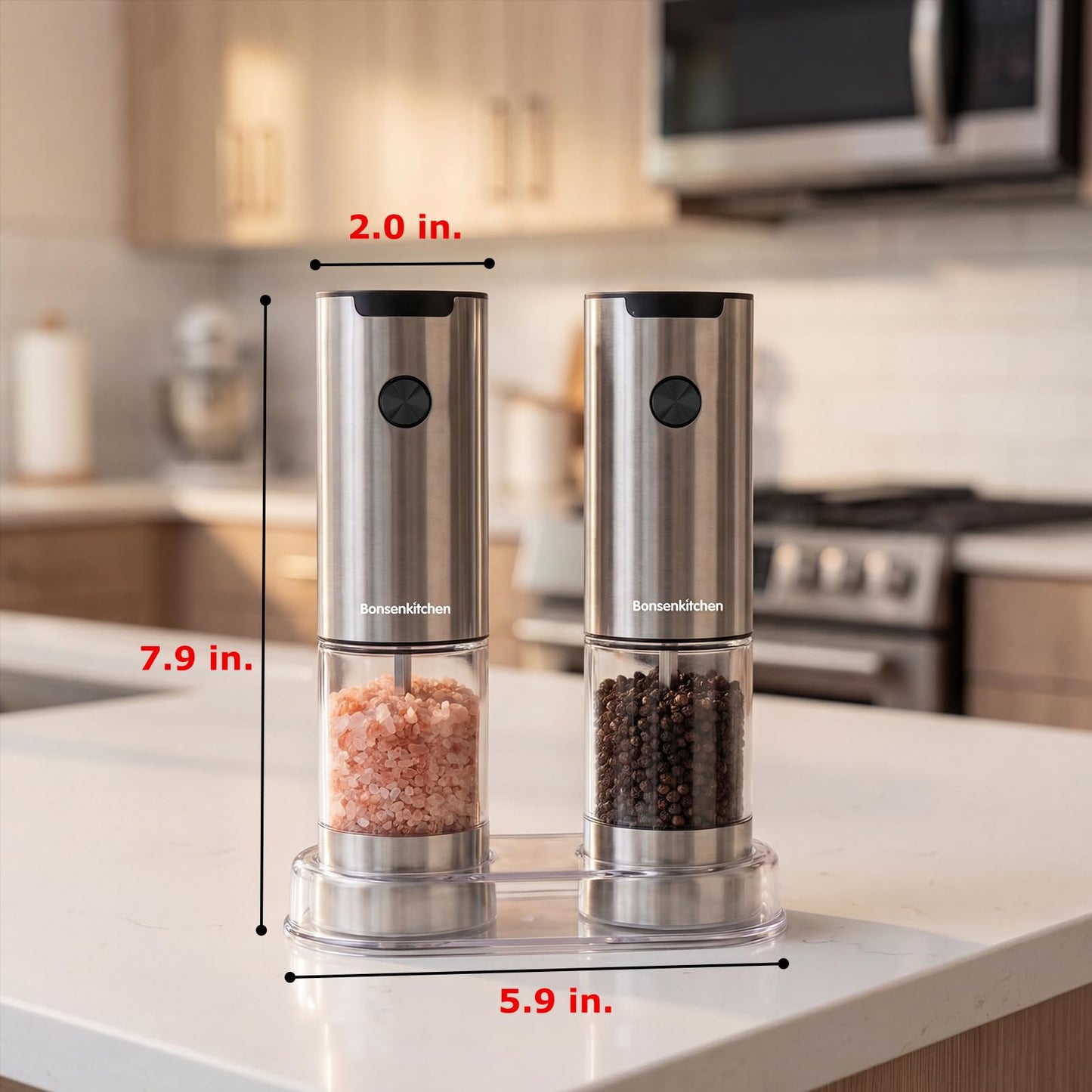 Bonsenkitchen Electric Salt and Pepper Grinder Set, 95ml Large Capacity, Clean Brush, Stainless Steel Adjustable Pepper Mill with LED for Kitchen, BBQ & Camping, Battery Powered (Not Included)