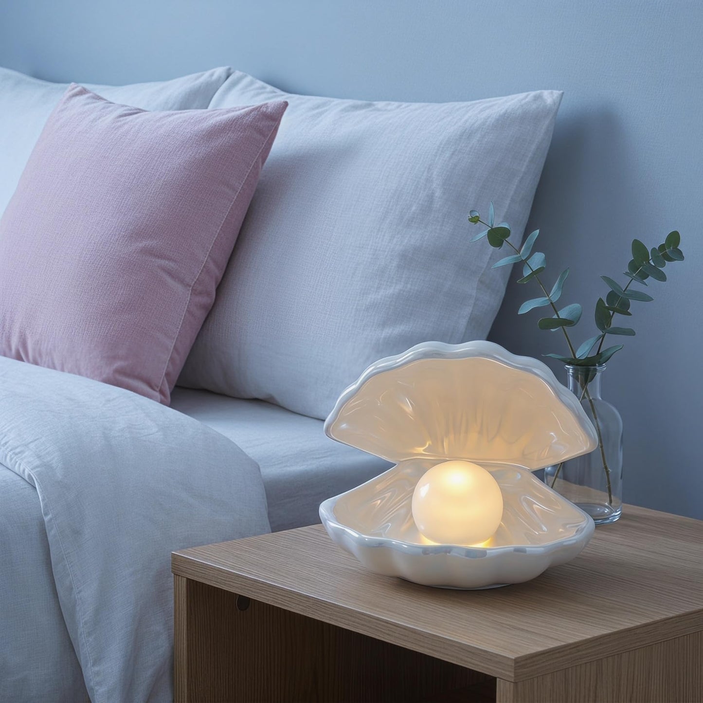 TOYANDONA Ceramic Shell Pearl Light - White Led Clam Lamp with Removable Pearl Battery Operated Soft Light for Room Tabletop Decor, Ideal Birthday