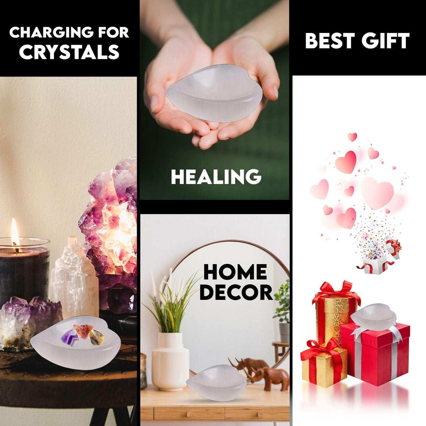 Himalayan Glow Natural Selenite Bowl Heart Shape Selenite Crystal - 10 cm for Reiki Healing Meditation & Decoration, Idle for Gift, Home, Office, White
