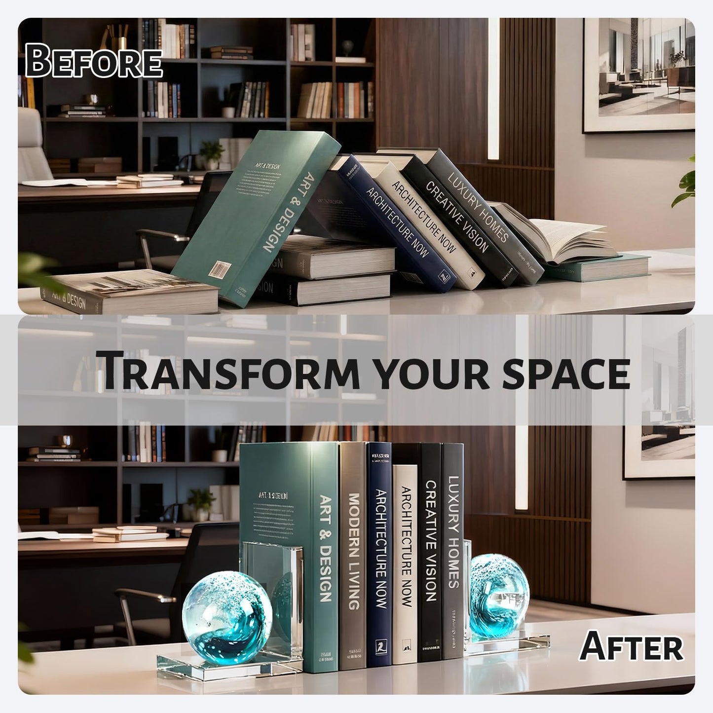 Glass Book Ends Set of 2, L-Shaped Bookends with Sea Wave Ball Design ā Non Skid Heavy Duty Decorative Book Stopper for Shelves, Desk, and Home Office