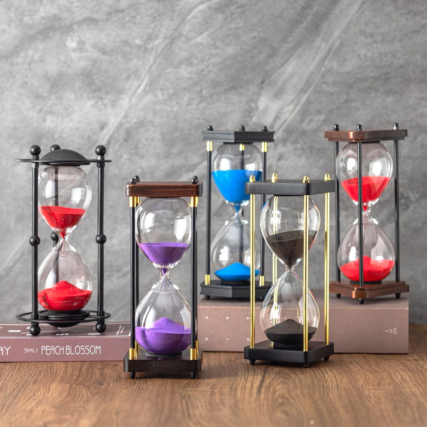 ELAINESTORE Hourglass Timer 60 Minute, Metal Wooden Frame Decorative Sand Timer (Black Sand, Large Size)