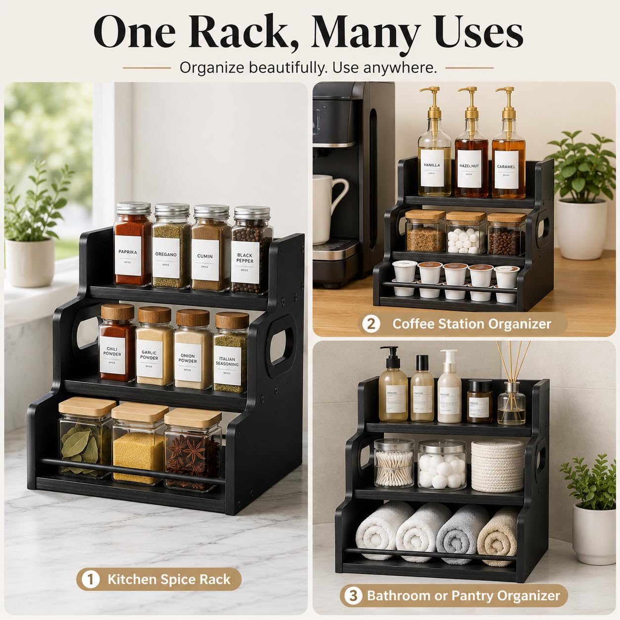 CTCKWMD 3 Tier Spice Rack Organizer for Cabinet, Wood Spice Shelf Storage, Kitchen Seasoning Organizer for Kitchen Countertop or Pantry, Spice Bottles, Bottles, Black