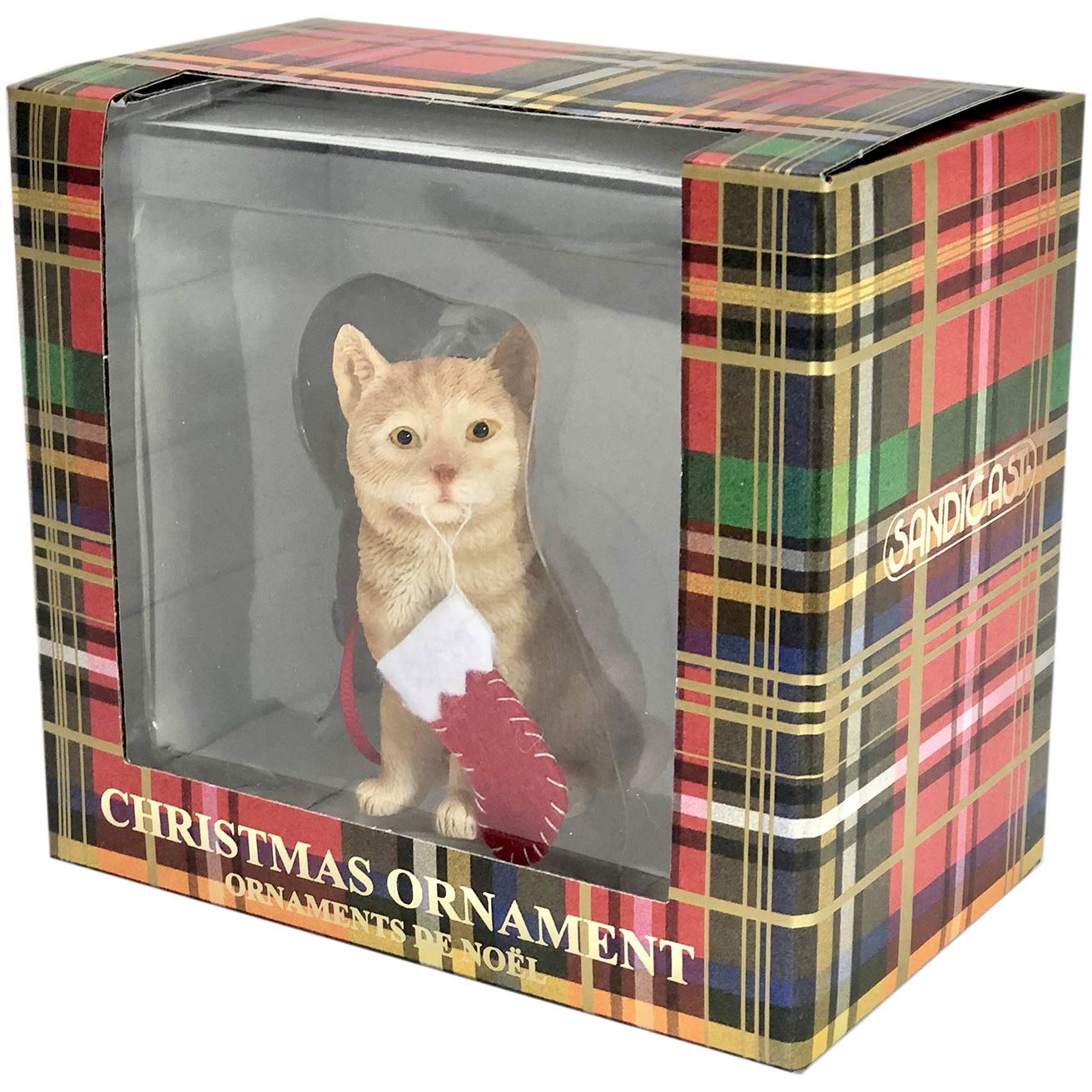 Sandicast Shorthair Ginger Tabby Cat with Stocking Christmas Ornament
