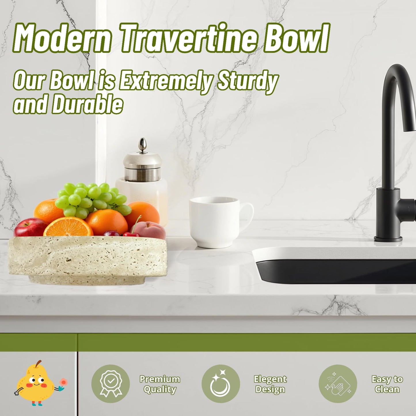 Natural Travertine Decorative Bowl, 7.87" x 2.16" Round Stone Fruit Bowl for Kitchen Counter, Modern Marble Key Bowl for Entryway Table, Stone Catchall Tray for Jewelry, Candy, Home Decor Centerpiece