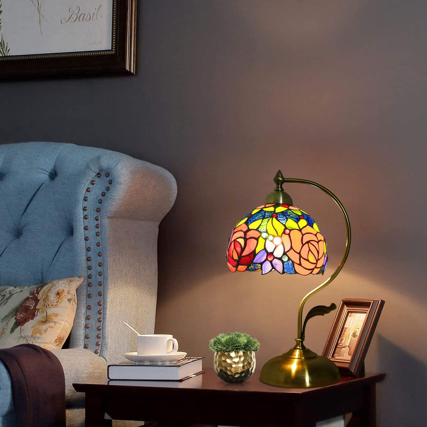 JGWSQ Rose Floral Tiffany Table Lamp, Stained Glass Curved Desk Lamp