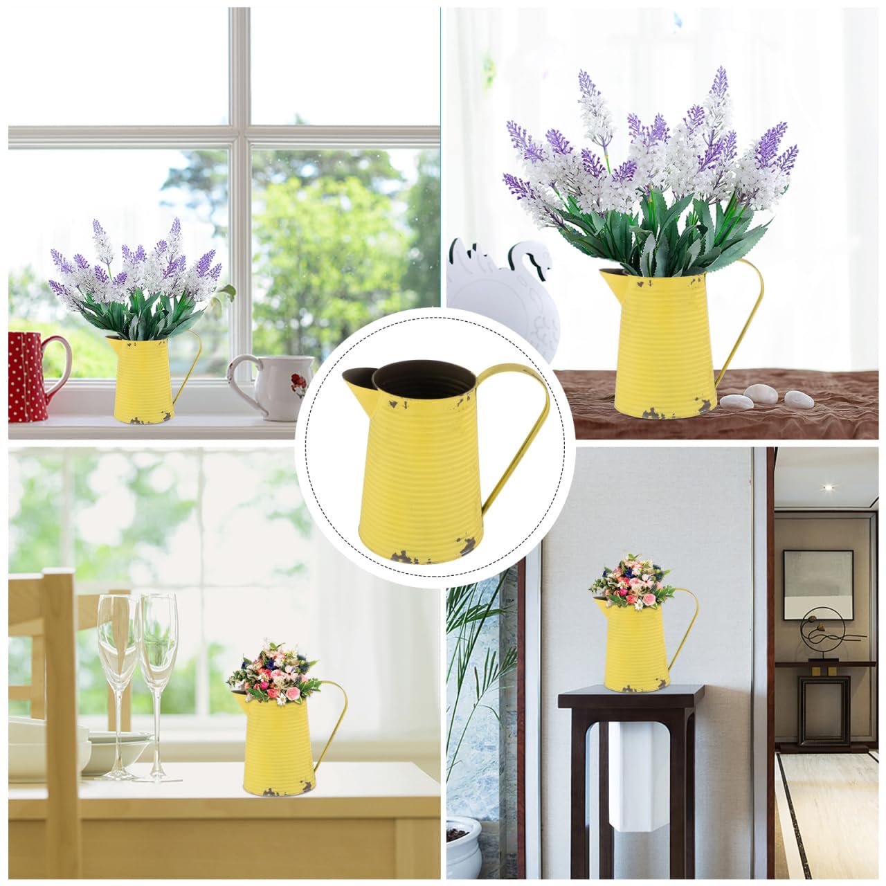 Yellow Farmhouse Flower Vase Retro Metal Kettle Vase 8 Inch Rustic Galvanized Flower Pitcher Shabby Chic Country Style Table Centerpiece Home Decor Tin Bucket