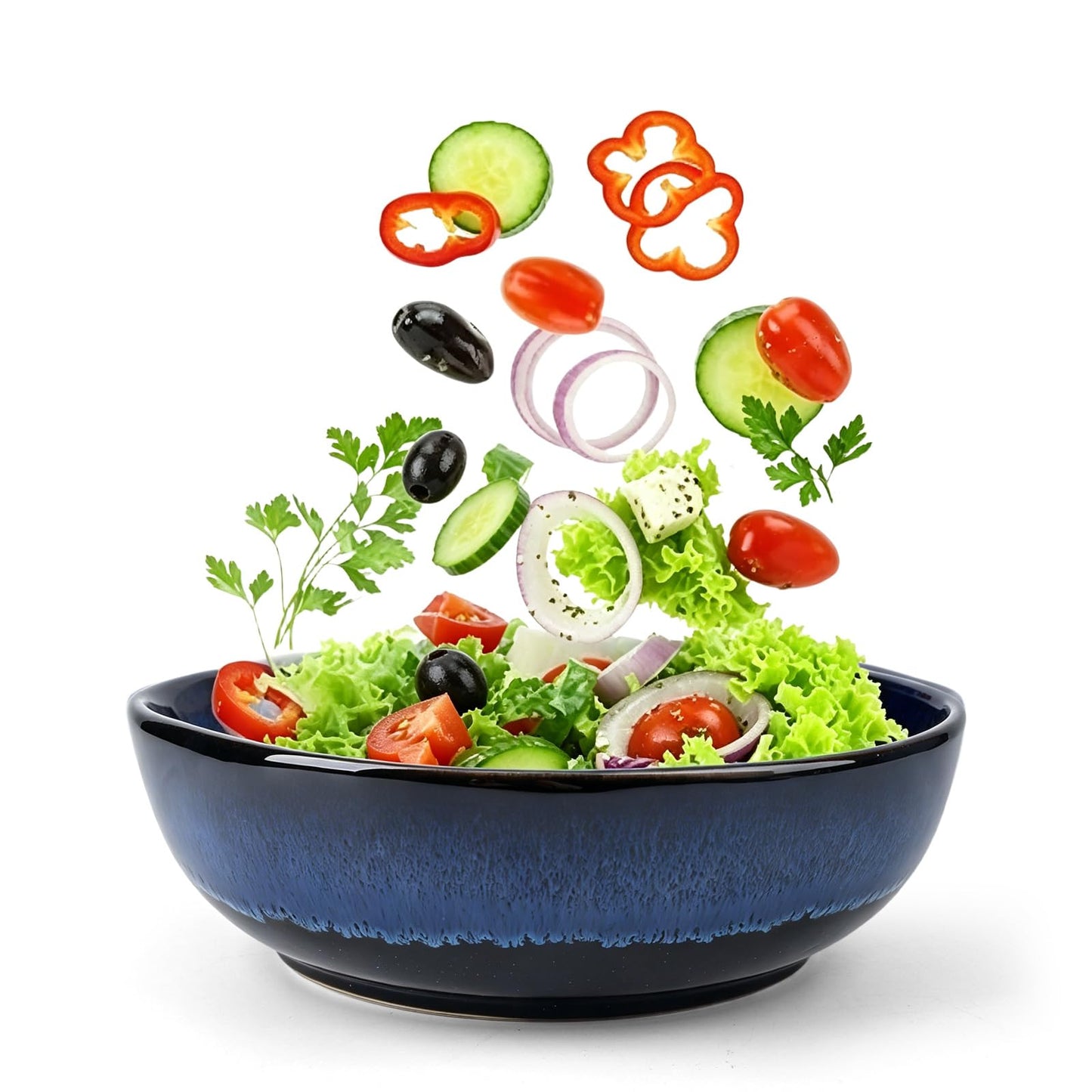 YIK TUNG 47Oz Large Ceramic Salad Bowls,8.9" Round Serving Bowl with Blue Vertical Stripe Design for Serving Pasta,Soup, Cereals,Fruit, Chips, and More, Microwave & Dishwasher Safe
