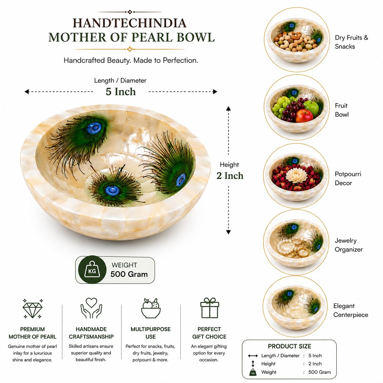HANDTECHINDIA 5" Mother of Pearl Bowl - Multipurpose Home Decor, Snacks & Fruit Bowl, Office & Home Decorative Centerpiece (Peacock Design)