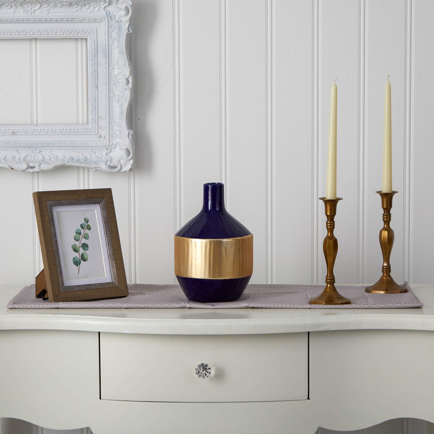 Nearly Natural 9in. Lux Blue Ceramic Vase with Gold Band