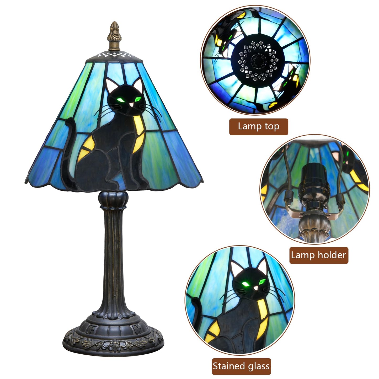 KIPHEPI Tiffany Lamp Stained Glass Table Lamp 8X8X14 Inches Black Cat Style Living Room Bedroom Dorm Kitchen Home Decor Festival Birthday Gift