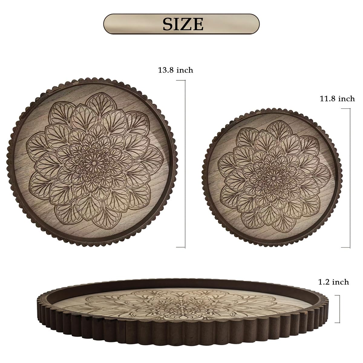 EspoirLuv Round Decorative Tray Set of 2 with Glass Top – Coffee Table Trays, Serving Trays for Living Room, Entryway, Ottoman & Sofa Décor (13.8” & 11.8”)