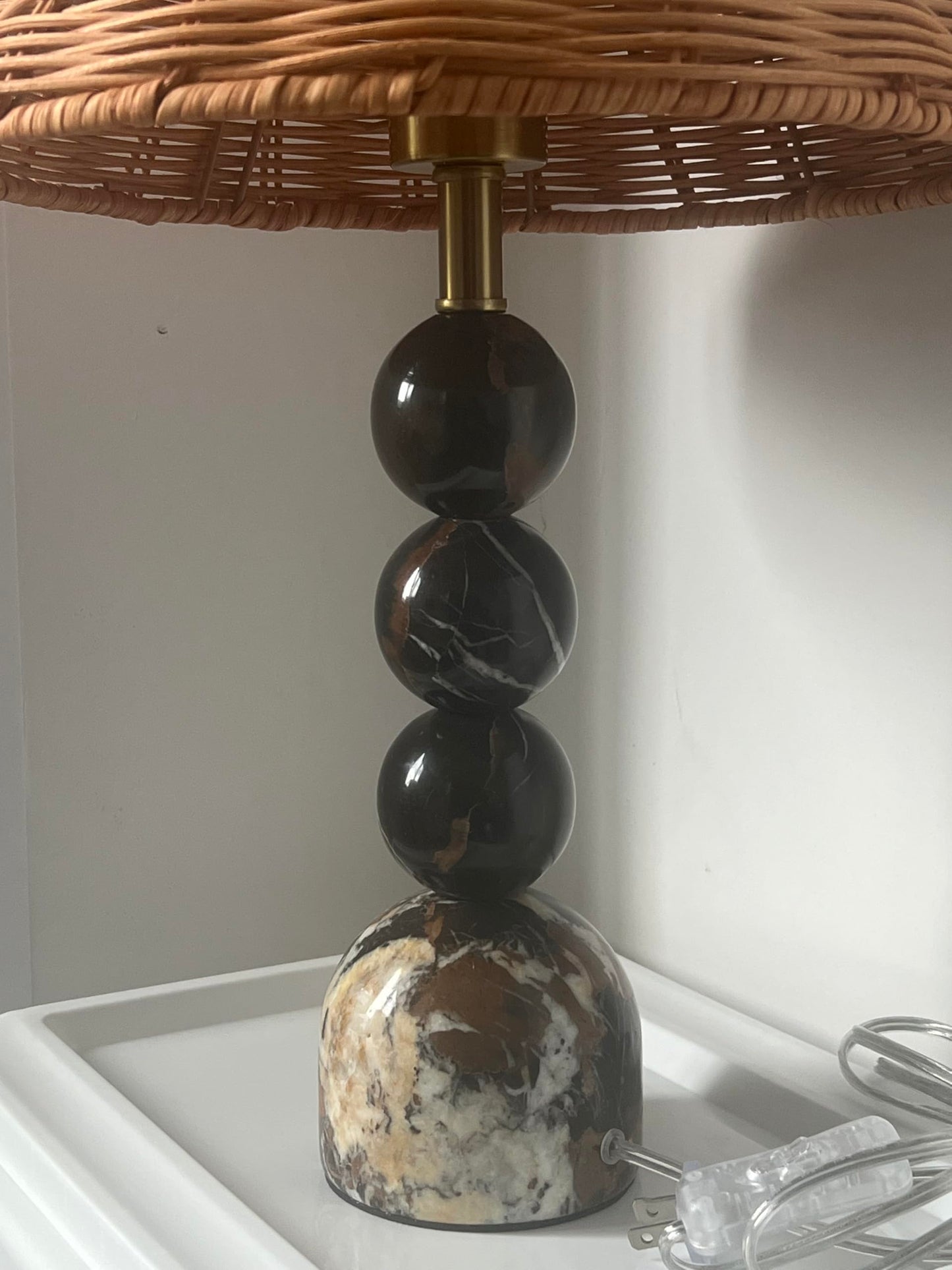 Calacatta Marble Stacked Ball Table Lamp - Hand-Woven Rattan Shade, 15" Stone Margot Artistic Vintage Lamp Luxury for Bedroom Living Room, Counter, Console, Entryway, Gift (Calacatta Viola Marble)