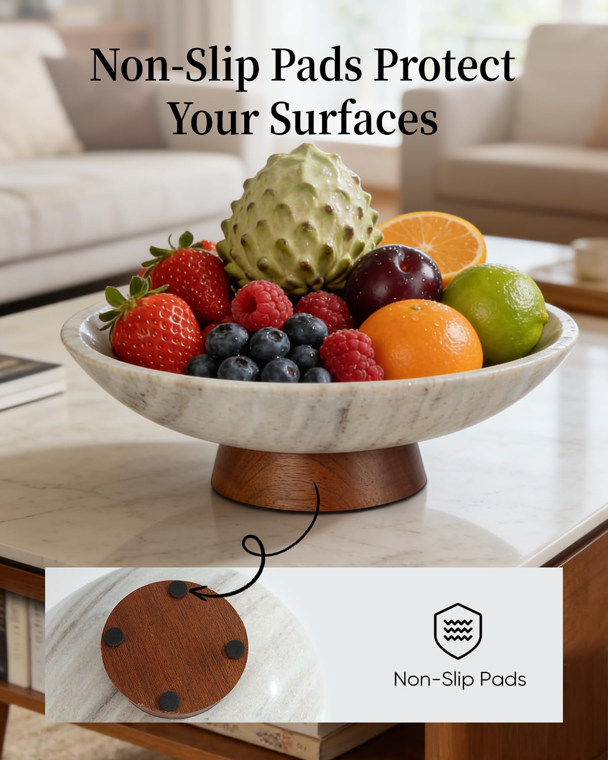 RGBDOT Marble Decorative Bowl, 11” Large Centerpiece for Table, Fruit Bowl for Kitchen Counter, Coffee Table or Entryway Decor, Natural Marble with Wood Base, Housewarming Gift - Gray