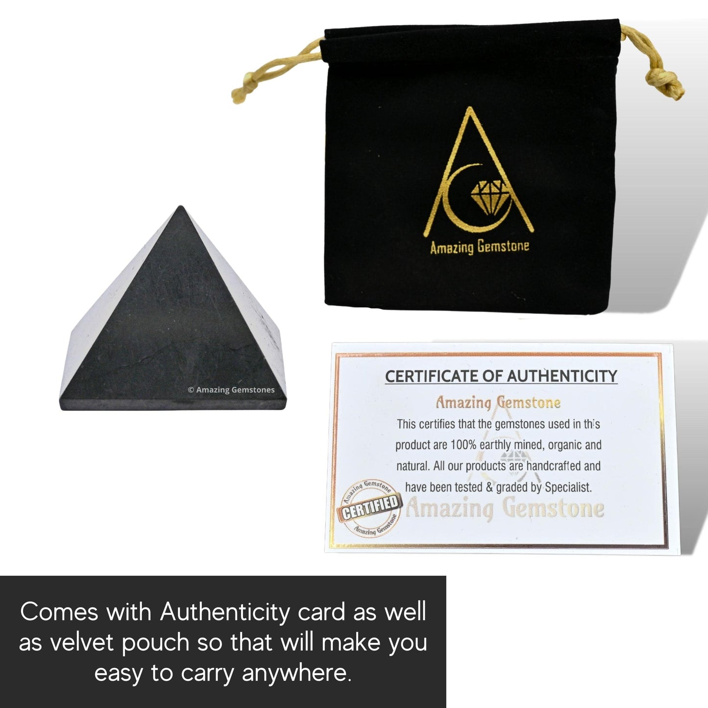 Amazing Gemstone Shungite Pyramid Crystal Healing Stones - 1" Great Pyramid Figurine of Natural Stone Pyramid for Meditation, Reiki, Chakra Balancing and Crystal Pyramids Grid