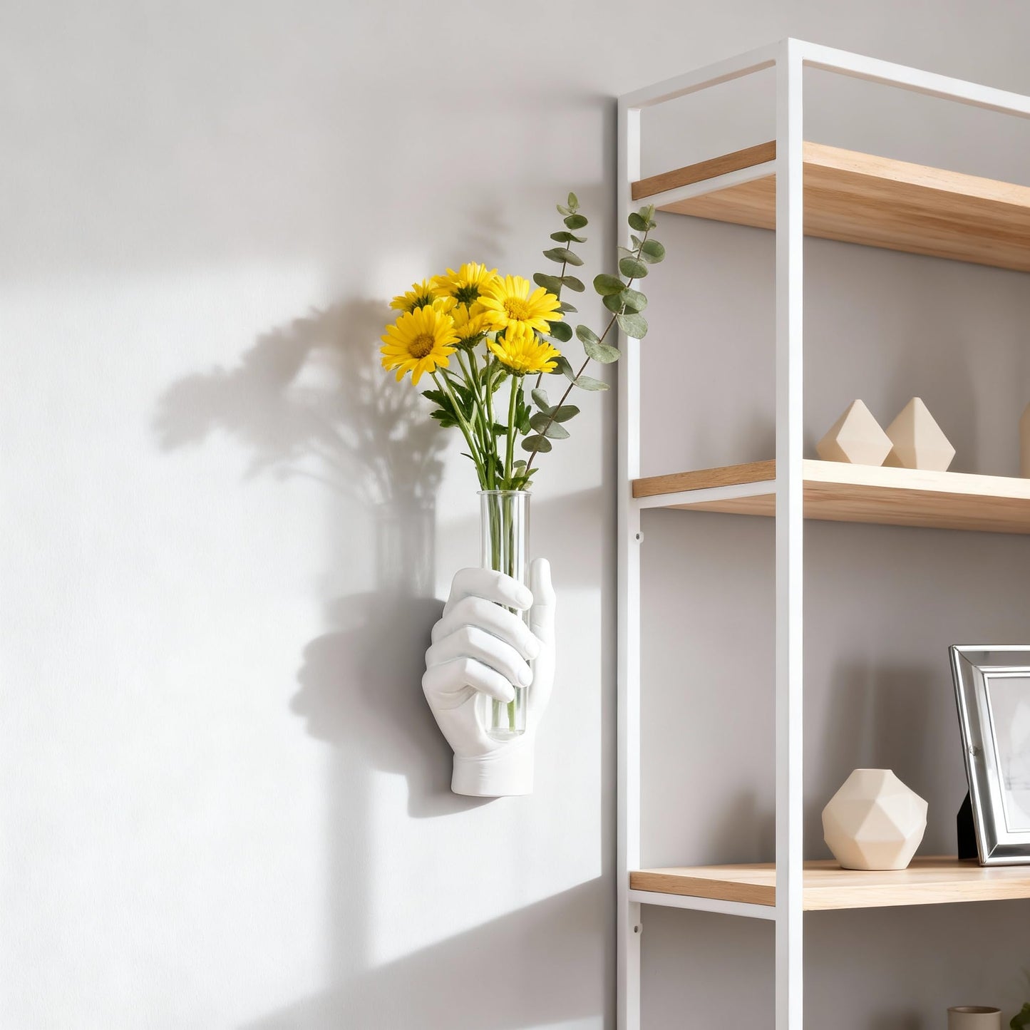 Hand Wall Sculpture with Vase – Unique Resin Art, Wall-Mounted Flower Vase, Modern Decor for Living Room, Office, Apartments, Stylish Home, Elegant Interior, Contemporary Decoration (White)