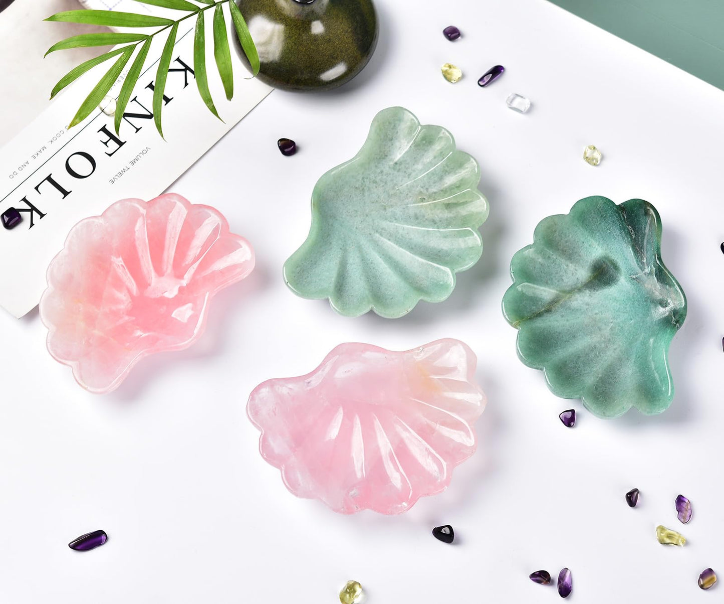 JIC Gem Rose Quartz Crystal Bowl Shell Shape Crystals and Healing Stone Decorative Bowl Jewelry Tray Home Office Decor