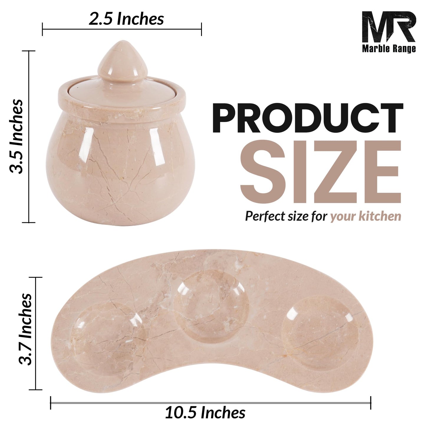 Marble Salt Cellar with Lid 3.5 Inch Natural Verona Stone Salt Holder with Tray Set of 3, Stylish Countertop Jar for Spices, Sugar, Seasoning, Condiments & Dining Table Use