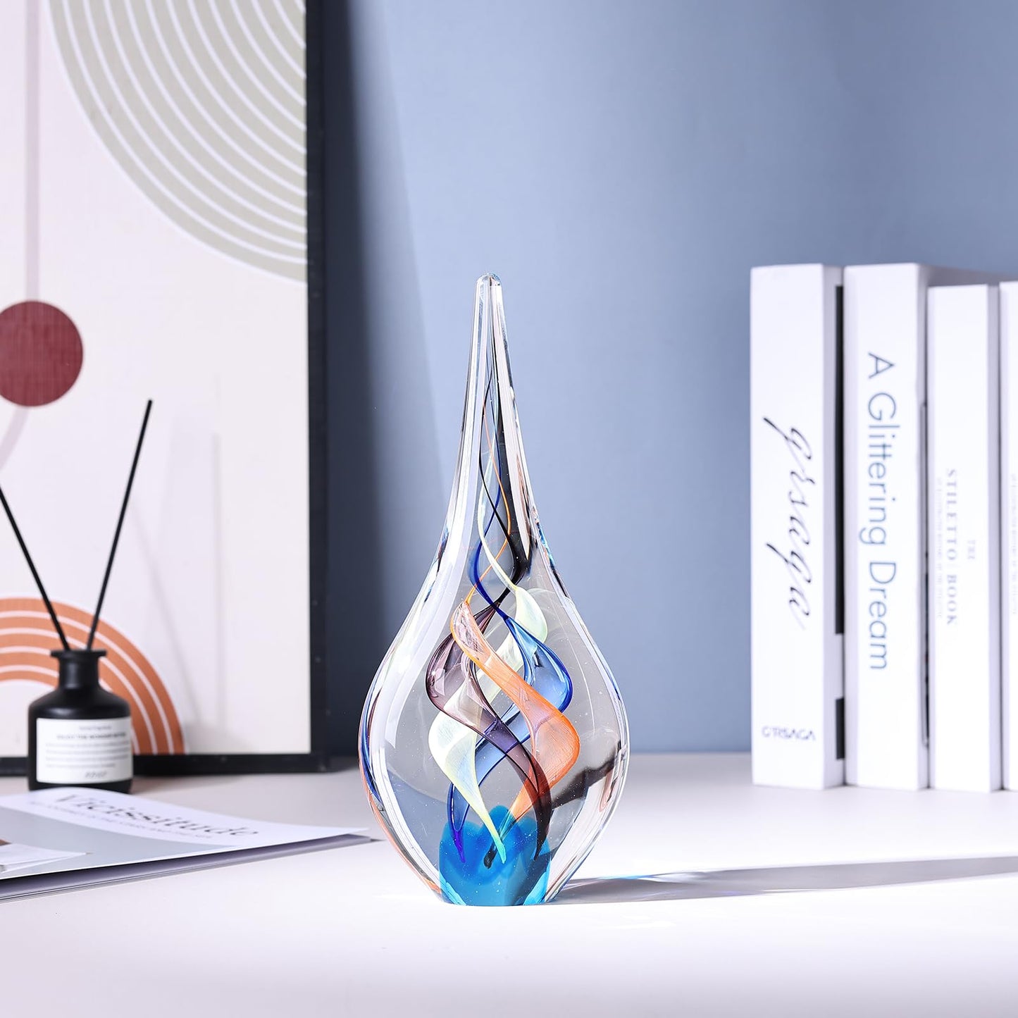 Hand Blown Glass Sculpture, Unique Mediterranean Style Decor, Glass Figurine with Crystal-Like Finish, Decorative Paperweights for Office Desk, Living Room, Bedroom, Cabinets (Red, Blue and Yellow)