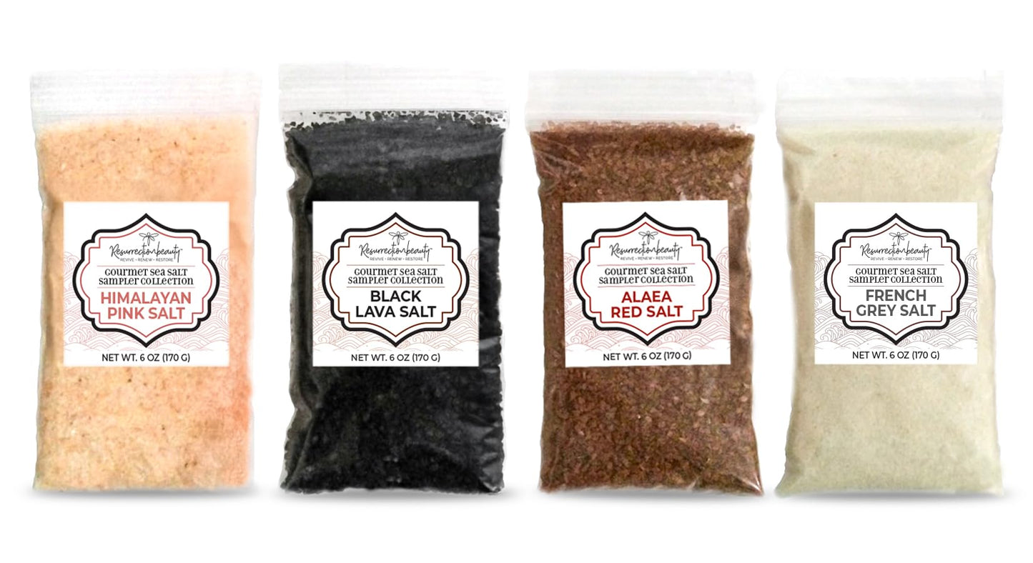 Gourmet Sea Salt Sampler - Multi Pack of Pink Himalayan And French Grey Fine Ground Salts, Hawaiian-Style Red Alaea and Black Lava Coarse Grain Salts - 6 oz. Each - 24 oz Total Multipack