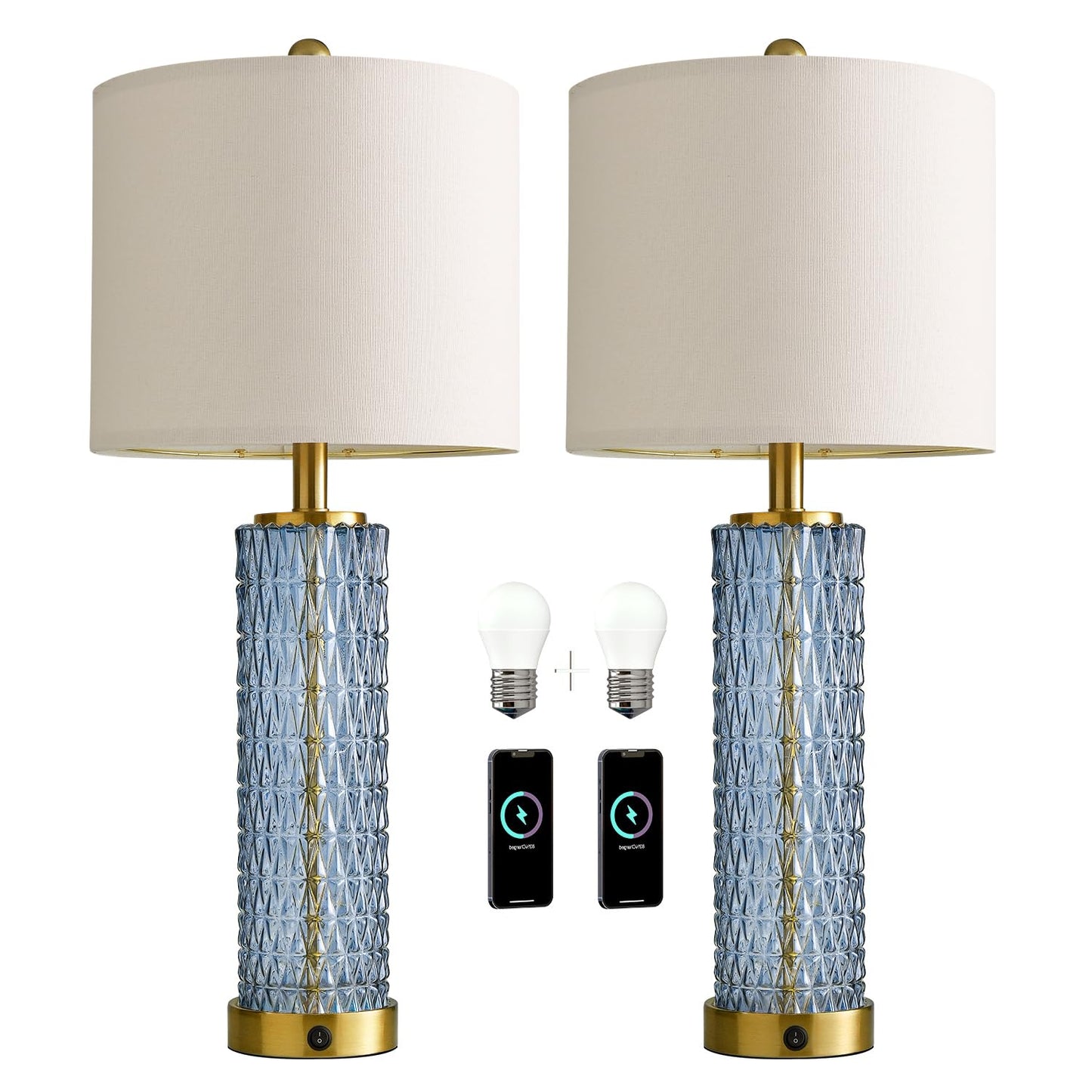 Oneach 27.75” Table Lamps Set of 2, Blue Modern Bedside Lamp with LED Night Light, USB A+C, Glass Lamps for Living Room, Bedroom, Nightstand, Office, End Table (2 Bulbs Included)