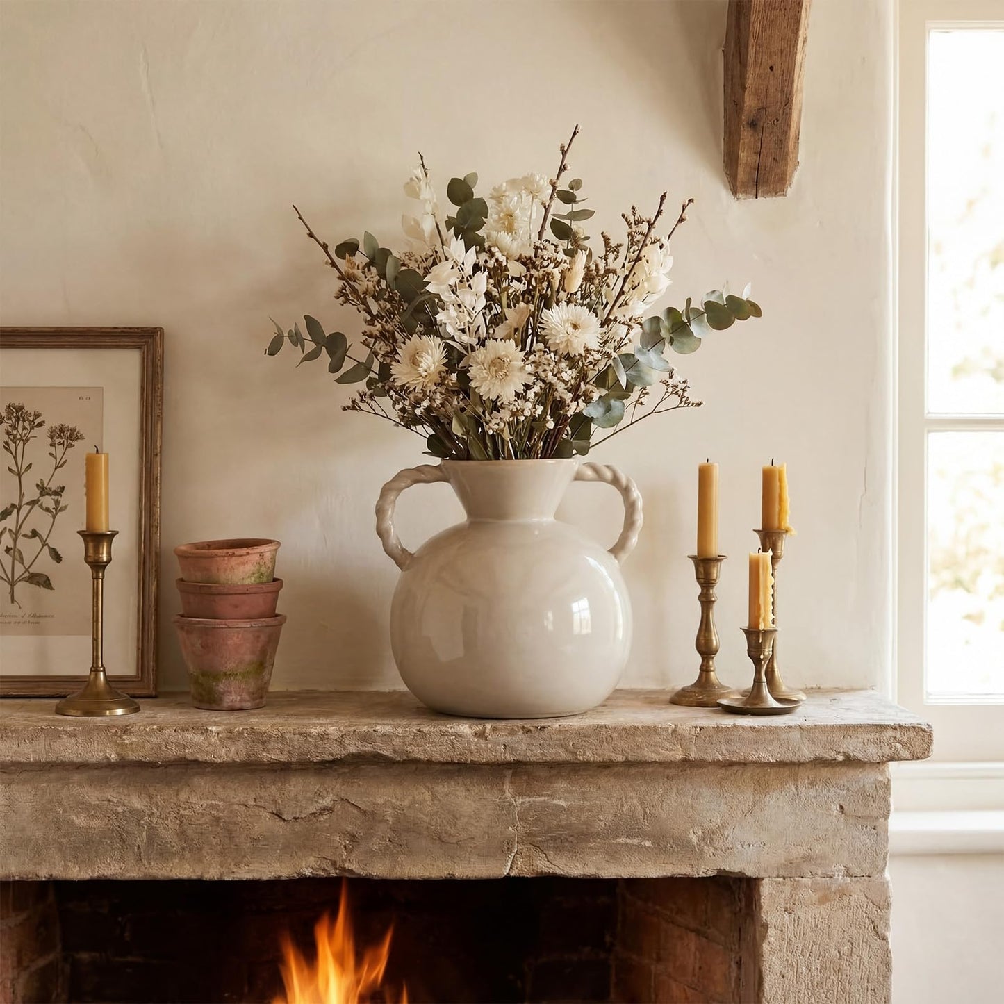 Teecyhooo Rustic Home Decor Vase 9.25 Inch Beige Stoneware Flower Vase with 2 Twisted Handles for Table Centerpiece Mantel Ornaments Decoration